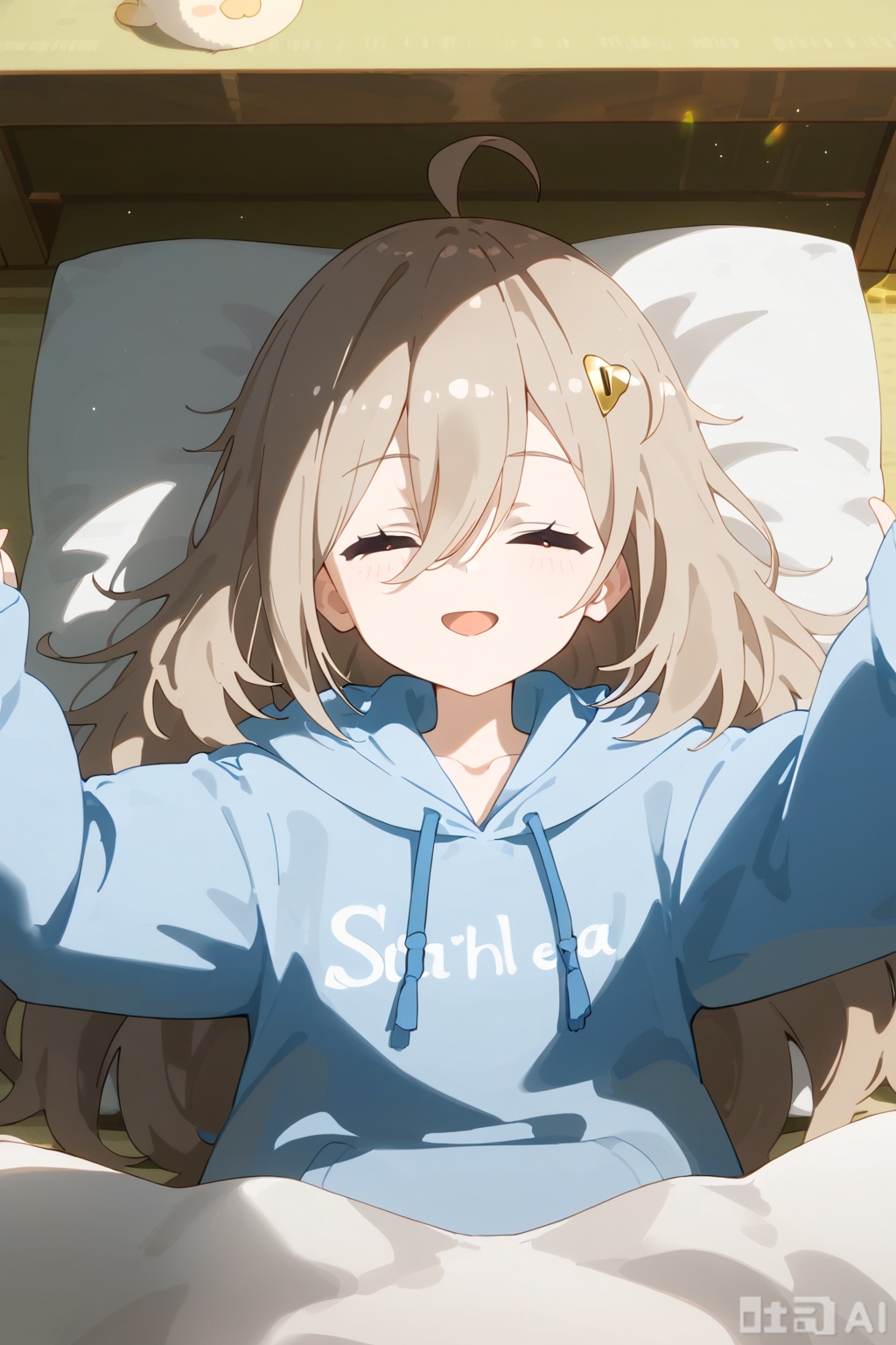 1girl, solo, long hair, smile, open mouth, bangs, brown hair, hair ornament, long sleeves, hair between eyes, closed eyes, lying, puffy sleeves, indoors, virtual youtuber, hood, on back, sleeves past wrists, pillow, hoodie, sleeping, hood down, outstretched arms, facing viewer, puffy long sleeves, spread arms, drawstring, blue hoodie