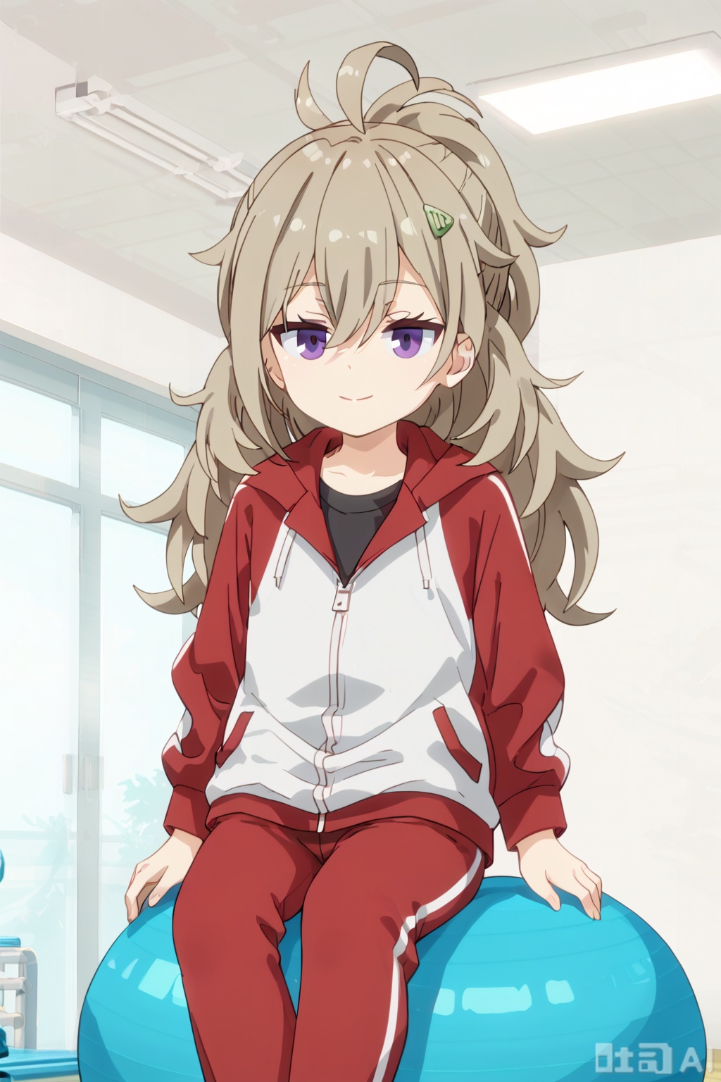 1girl, solo, long hair, smile, bangs, brown hair, shirt, hair ornament, long sleeves, hair between eyes, sitting, closed mouth, purple eyes, jacket, ponytail, ahoge, hairclip, pants, indoors, black shirt, antenna hair, red jacket, track jacket, red pants, track suit, track pants