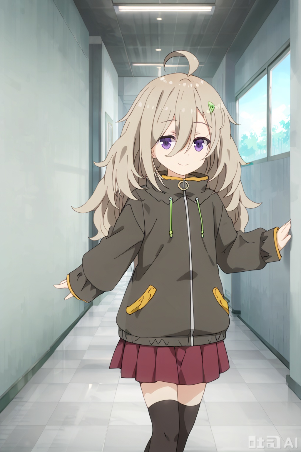 1girl, solo, long hair, smile, skirt, brown hair, hair ornament, thighhighs, hair between eyes, purple eyes, jacket, ahoge, pleated skirt, , black thighhighs, indoors, red skirt, hallway,masterpiece,best quality,official art,extremely detailed CG unity 8k wallpaper, Indoor,Window,,Sunshine,