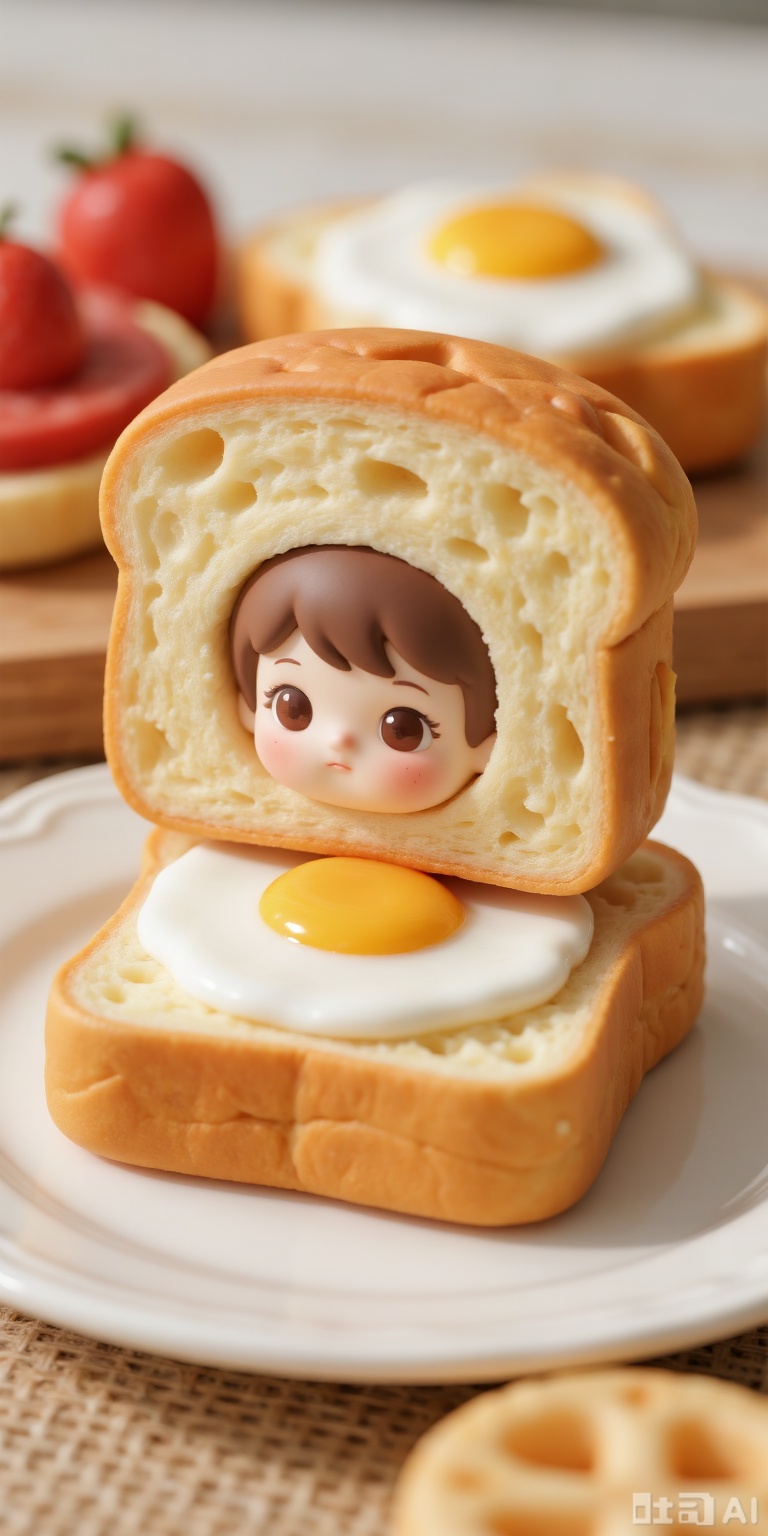 Q-version beautiful complex and exquisite ornaments, handmade DIY texture, soft ceramic material, creatively blends cute dolls with food elements, and embeds baby faces into bread, with novel and interesting image, and combines cute food with cute dolls; rich colors and harmonious combinations, choose natural colors of food, and adds food combinations such as poached eggs, which have strong visual appeal; smooth surface, delicate details, delicate and delicate doll expressions, food textures, etc., and delicate food textures, showing a high level of craftsmanship. Food cute color matching, main view, soft light and shadow