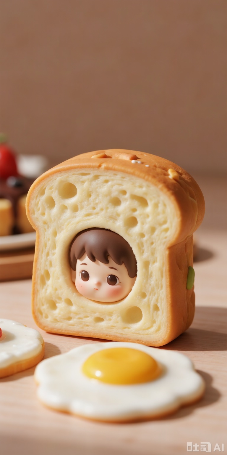 Q-version beautiful complex and exquisite ornaments, handmade DIY texture, soft ceramic material, creatively blends cute dolls with food elements, and embeds baby faces into bread, with novel and interesting image, and combines cute food with cute dolls; rich colors and harmonious combinations, choose natural colors of food, and adds food combinations such as poached eggs, which have strong visual appeal; smooth surface, delicate details, delicate and delicate doll expressions, food textures, etc., and delicate food textures, showing a high level of craftsmanship. Food cute color matching, main view, soft light and shadow