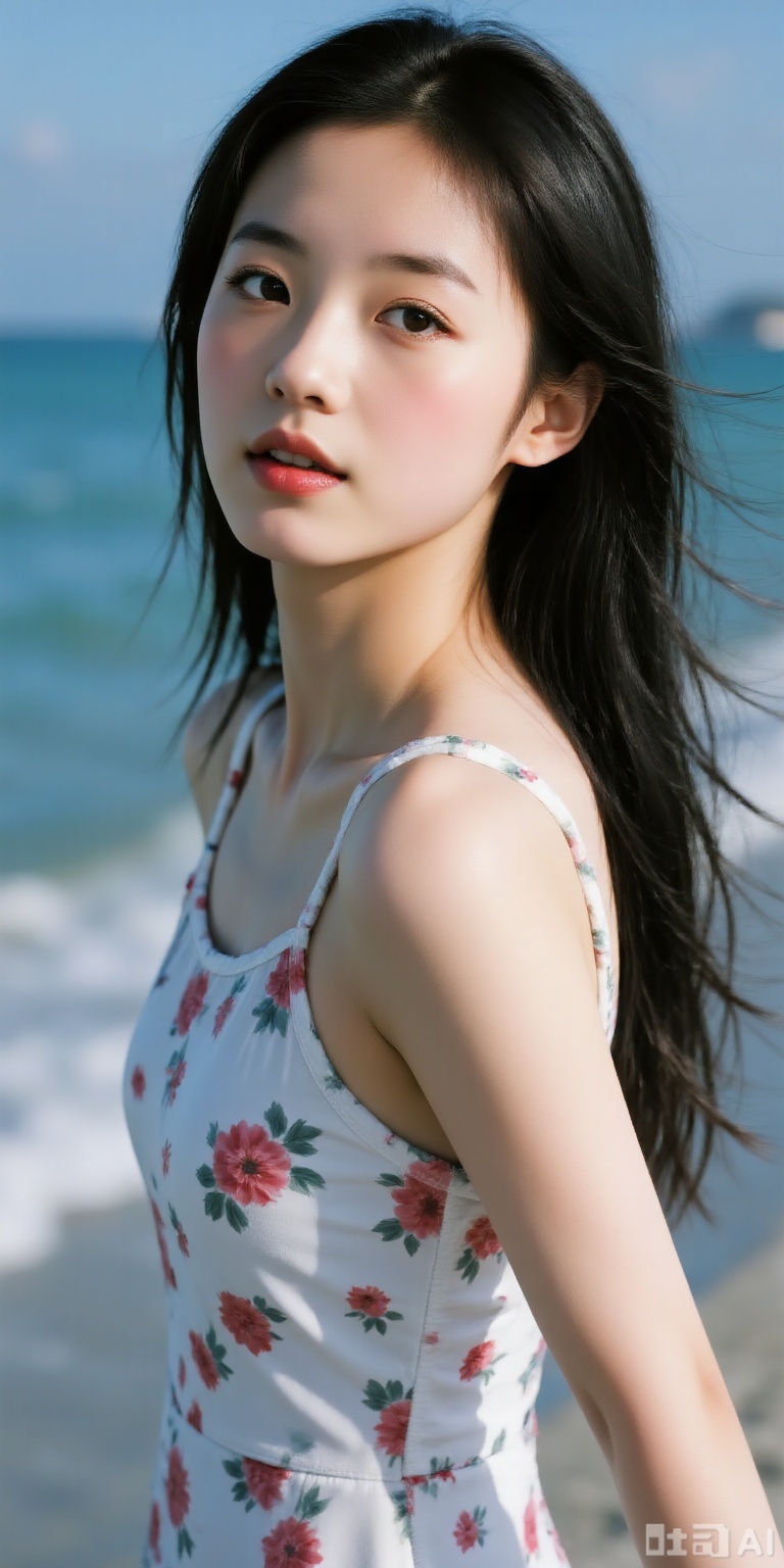 Chinese girl, oval face, ancient style makeup, extremely detailed portrayal, big eyes, lively eyes, delicate appearance, medium-length hair, long hair blown away by the sea breeze, a trace of hanging to her mouth, perfect and slender tall figure, cold white skin, new summer printed suspender dress, fashionable and fashionable outside and inside women's suspender dress, cold makeup, high-quality temperament, charming, sexy and seductive, exaggerated design, dreamy tulle picture with slight flashes at the seaside at night in France, various cute poses, various clothing styles, various hairstyles, HD real master making, HD real person, close-up shot