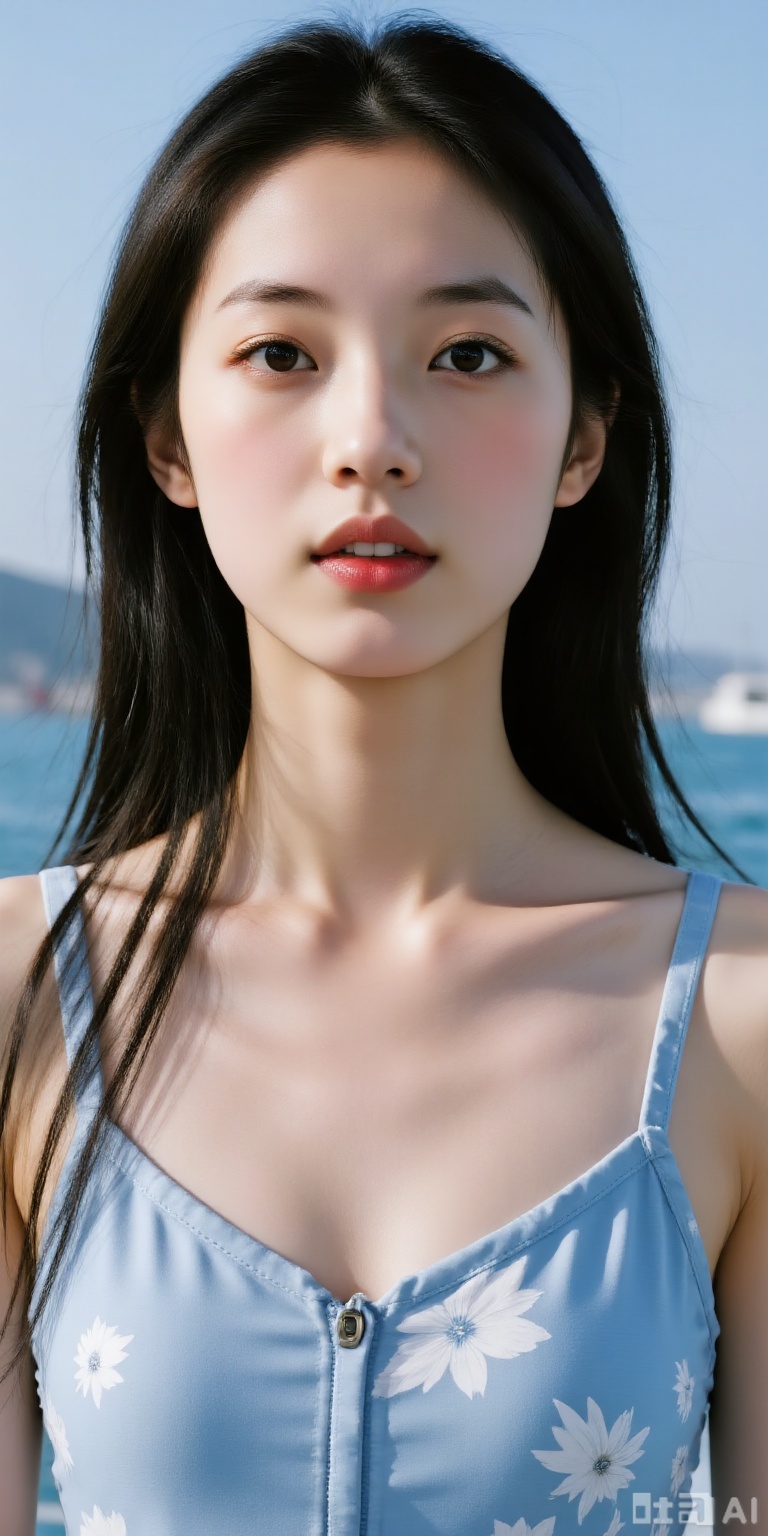 Chinese girl, oval face, ancient style makeup, extremely detailed portrayal, big eyes, lively eyes, delicate appearance, medium-length hair, long hair blown away by the sea breeze, a trace of hanging to her mouth, perfect and slender tall figure, cold white skin, new summer printed suspender dress, fashionable and fashionable outside and inside women's suspender dress, cold makeup, high-quality temperament, charming, sexy and seductive, exaggerated design, dreamy tulle picture with slight flashes at the seaside at night in France, various cute poses, various clothing styles, various hairstyles, HD real master making, HD real person, close-up shot