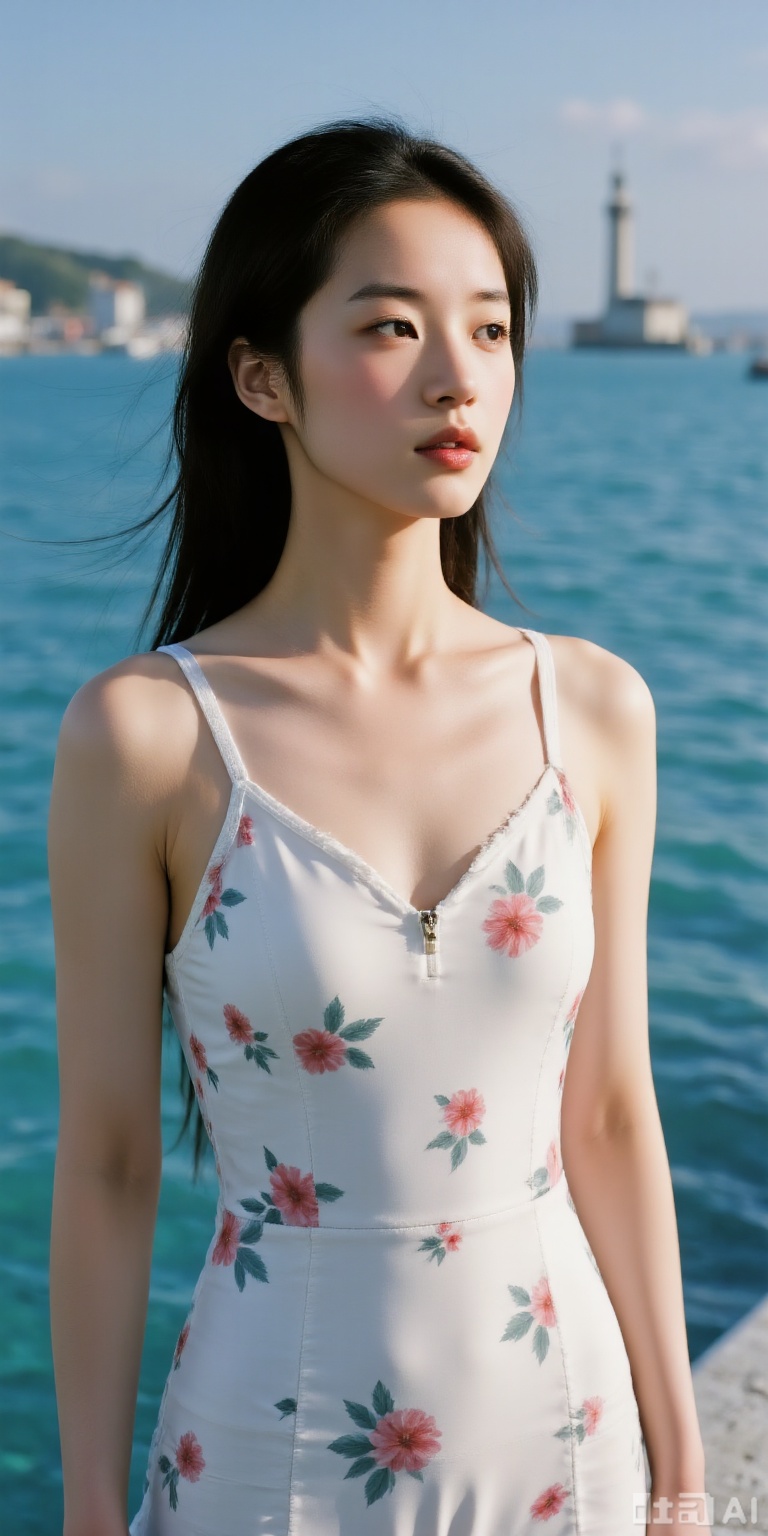 Chinese girl, oval face, ancient style makeup, extremely detailed portrayal, big eyes, lively eyes, delicate appearance, medium-length hair, long hair blown away by the sea breeze, a trace of hanging to her mouth, perfect and slender tall figure, cold white skin, new summer printed suspender dress, fashionable and fashionable outside and inside women's suspender dress, cold makeup, high-quality temperament, charming, sexy and seductive, exaggerated design, dreamy tulle picture with slight flashes at the seaside at night in France, various cute poses, various clothing styles, various hairstyles, HD real master making, HD real person, close-up shot