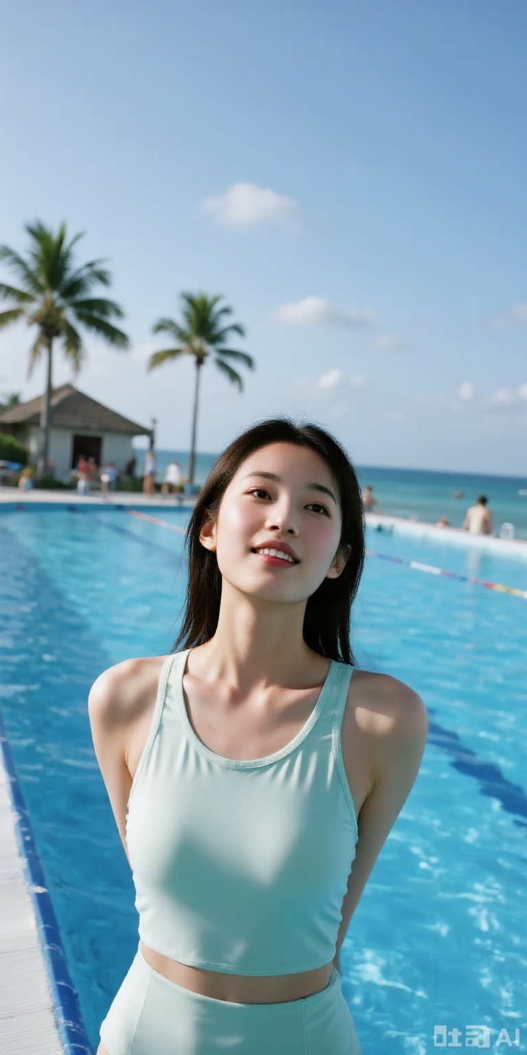 A woman stood by the swimming pool, behind her was a tropical resort that looked like a paradise. The sky was blue and cloudless, and the ocean was vast in the distance. She was wearing a light green sleeveless swimsuit, her long soft hair fluttered in the wind, and she looked at the camera with a faint smile on her face. The soft light reflects the fresh and wonderful colors, creating a dreamy atmosphere. The horizontal viewing angle, the medium shot is composed of three-points, showing the style of vacation photography, the pictures have a soft and blurred effect, HD, bust.