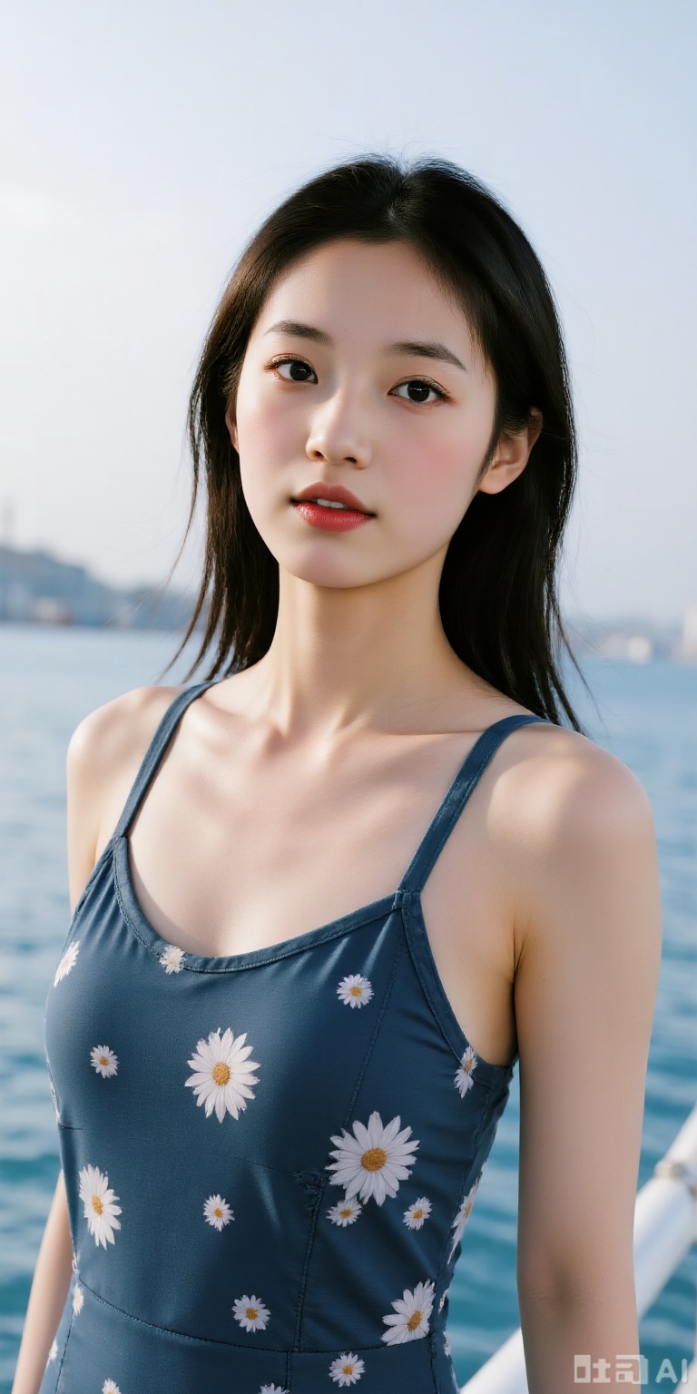 Chinese girl, oval face, ancient style makeup, extremely detailed portrayal, big eyes, lively eyes, delicate appearance, medium-length hair, long hair blown away by the sea breeze, a trace of hanging to her mouth, perfect and slender tall figure, cold white skin, new summer printed suspender dress, fashionable and fashionable outside and inside women's suspender dress, cold makeup, high-quality temperament, charming, sexy and seductive, exaggerated design, dreamy tulle picture with slight flashes at the seaside at night in France, various cute poses, various clothing styles, various hairstyles, HD real master making, HD real person, close-up shot