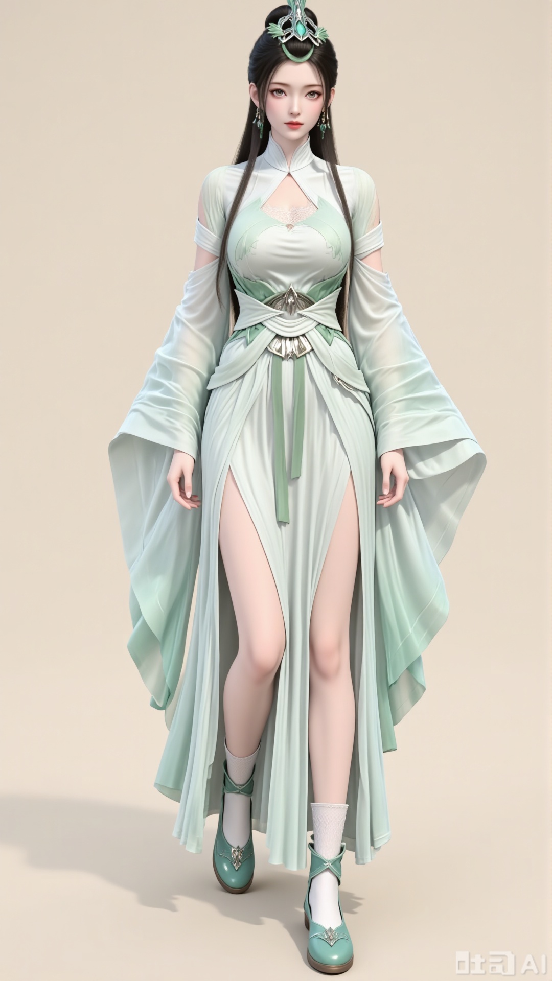 A girl. Standing posture. Full body. Chest. Facing the viewer. A single girl. Alone. Black hair. Long hair. Jewelry. Earrings. Hanfu. Hair ornaments. Long skirt. Brown eyes. Hair bun. Long sleeves. Legs exposed. Green footwear. Gray eyes. Detachable sleeves. Perfect anatomical structure. Pure beige background. Light and shadow. Filled with natural light.