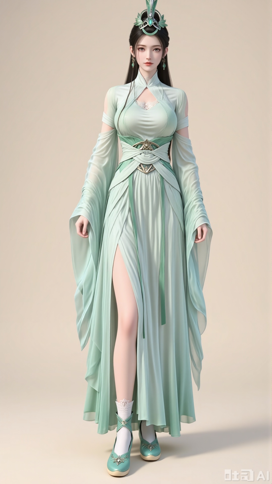 A girl. Standing posture. Full body. Chest. Facing the viewer. A single girl. Alone. Black hair. Long hair. Jewelry. Earrings. Hanfu. Hair ornaments. Long skirt. Brown eyes. Hair bun. Long sleeves. Legs exposed. Green footwear. Gray eyes. Detachable sleeves. Perfect anatomical structure. Pure beige background. Light and shadow. Filled with natural light.