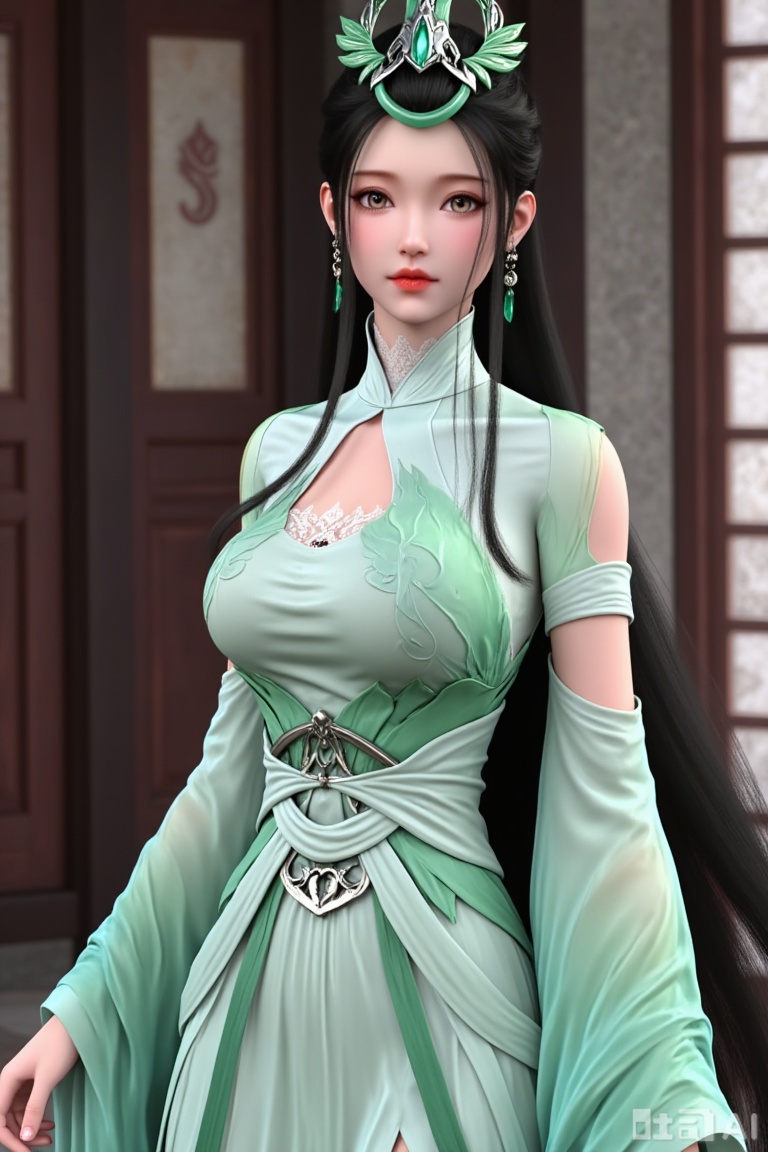 
1girl

solo

long hair

looking at viewer

black hair

hair ornament

long sleeves

dress

jewelry

closed mouth

upper body

earrings

indoors

clothing cutout

chinese clothes

green dress

lujiajia