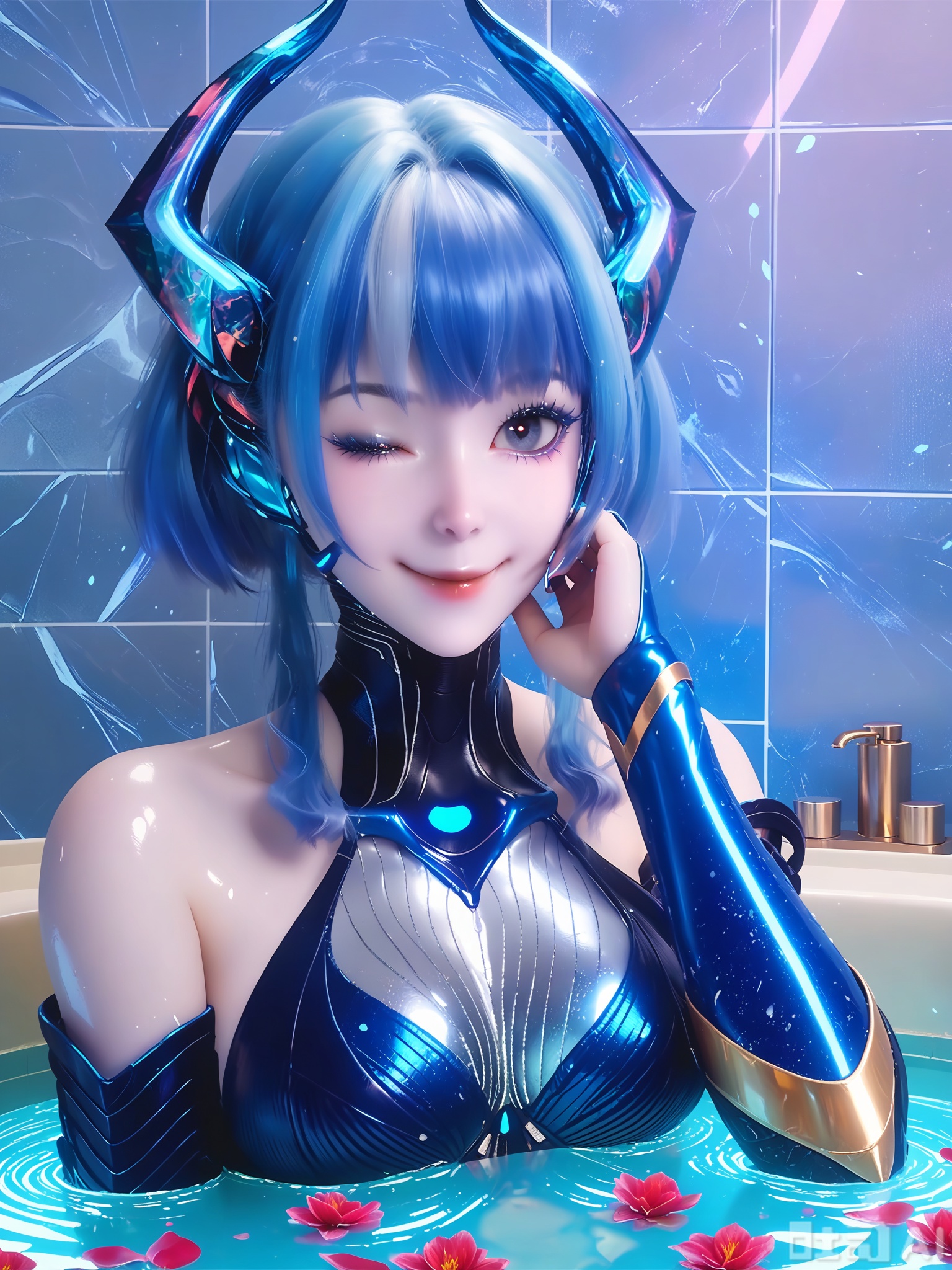 score_9,score_8_up,score_7_up,1girl,looking_at_viewer,realistic,1girl,Vivid Colors,bright environment,delicate water,shiny skin,shiny hair,reflection,(wariza:1.2),dress,jewelry,flower sea,falling petals,extreme detail description,(upper body:0.4),put one hand on your side,long_hair,(skindentation:1.3),Fishnet stockings,bright,sunshine on face,Indoor bath,Indoor bath,bathroom,shiny,Metallic texture,Metallic texture,Magical light effects,bright_pupils,bright background,neon sign reflections on wet asphalt,Radiant,visible canines,(one eye winking:1.3),shy smile with faintly visible upper canine,