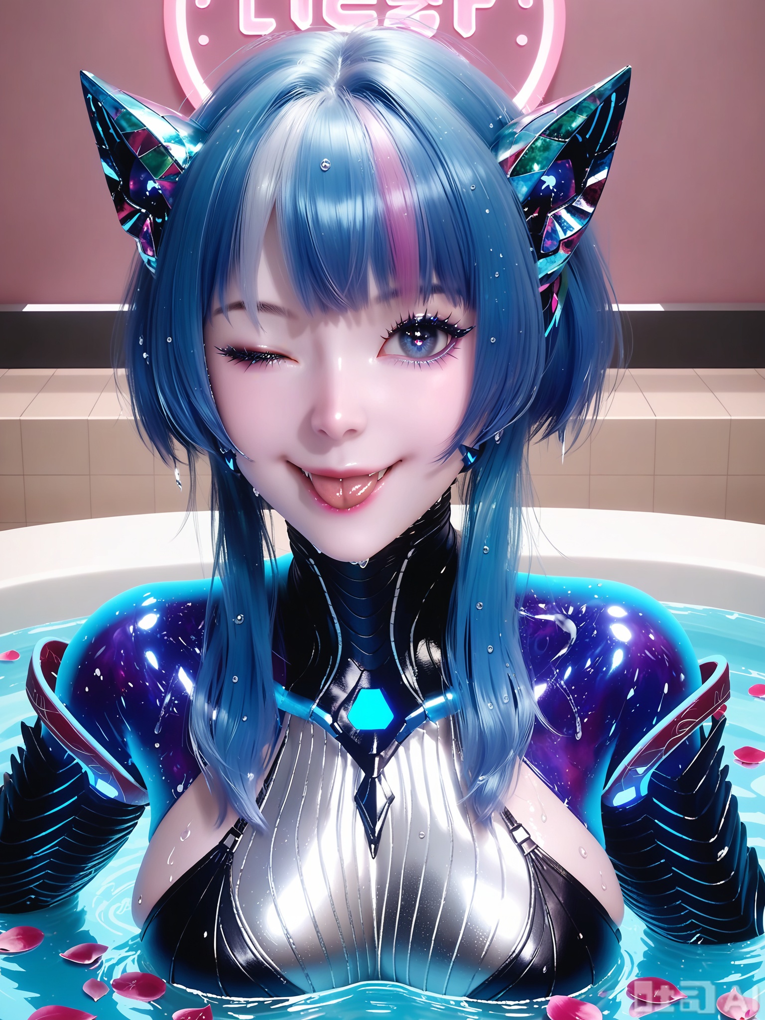 score_9,score_8_up,score_7_up,1girl,looking_at_viewer,realistic,1girl,Vivid Colors,bright environment,delicate water,shiny skin,shiny hair,reflection,(wariza:1.2),dress,jewelry,flower sea,falling petals,extreme detail description,(upper body:0.4),put one hand on your side,long_hair,(skindentation:1.3),Fishnet stockings,bright,sunshine on face,Indoor bath,Indoor bath,bathroom,shiny,Metallic texture,Metallic texture,Magical light effects,bright_pupils,bright background,neon sign reflections on wet asphalt,Radiant,visible canines,(one eye winking:1.3),tongue slightly out,shy smile with faintly visible upper canine,