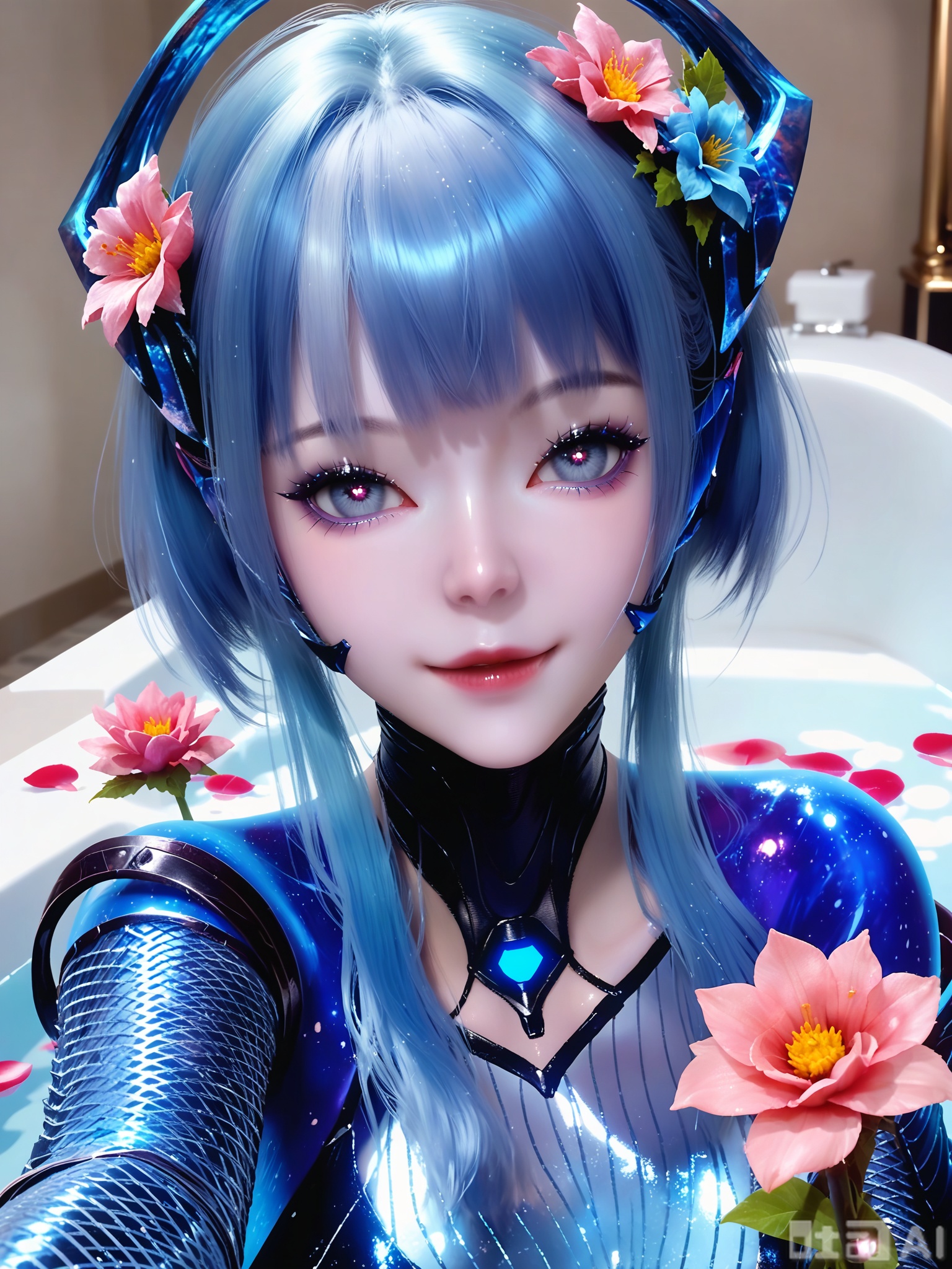 score_9,score_8_up,score_7_up,1girl,looking_at_viewer,realistic,1girl,Vivid Colors,bright environment,delicate water,shiny skin,shiny hair,reflection,(wariza:1.2),dress,jewelry,flower sea,falling petals,extreme detail description,(upper body:0.4),put one hand on your side,long_hair,(skindentation:1.3),Fishnet stockings,bright,sunshine on face,Indoor bath,Indoor bath,bathroom,shiny,Metallic texture,Metallic texture,Magical light effects,bright_pupils,bright background,