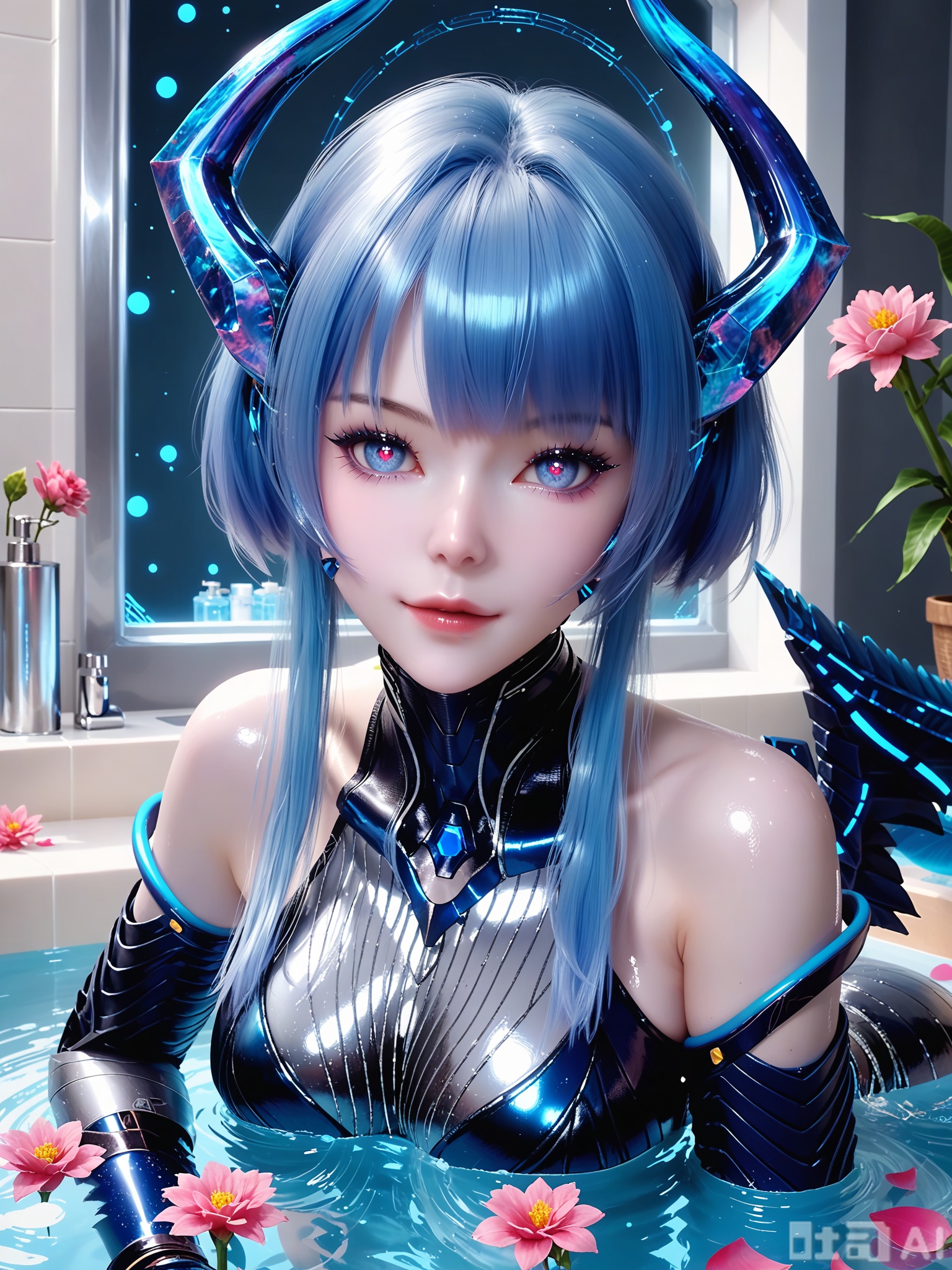 score_9,score_8_up,score_7_up,1girl,looking_at_viewer,realistic,1girl,Vivid Colors,bright environment,delicate water,shiny skin,shiny hair,reflection,(wariza:1.2),dress,jewelry,flower sea,falling petals,extreme detail description,(upper body:0.4),put one hand on your side,long_hair,(skindentation:1.3),Fishnet stockings,bright,sunshine on face,Indoor bath,Indoor bath,bathroom,shiny,Metallic texture,Metallic texture,Magical light effects,bright_pupils,bright background,bodysuit,horns,wings,tail,android,science fiction,armor,