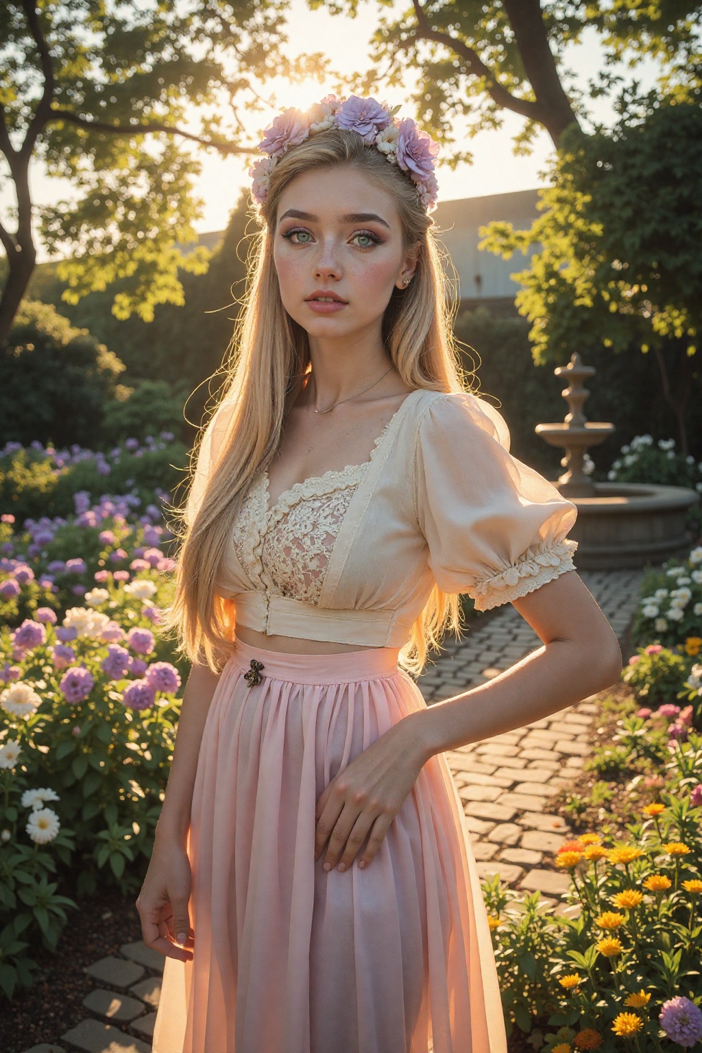 A beautiful young woman standing gracefully in a lush garden during the golden hour,  bathed in the warm,  nostalgic light...