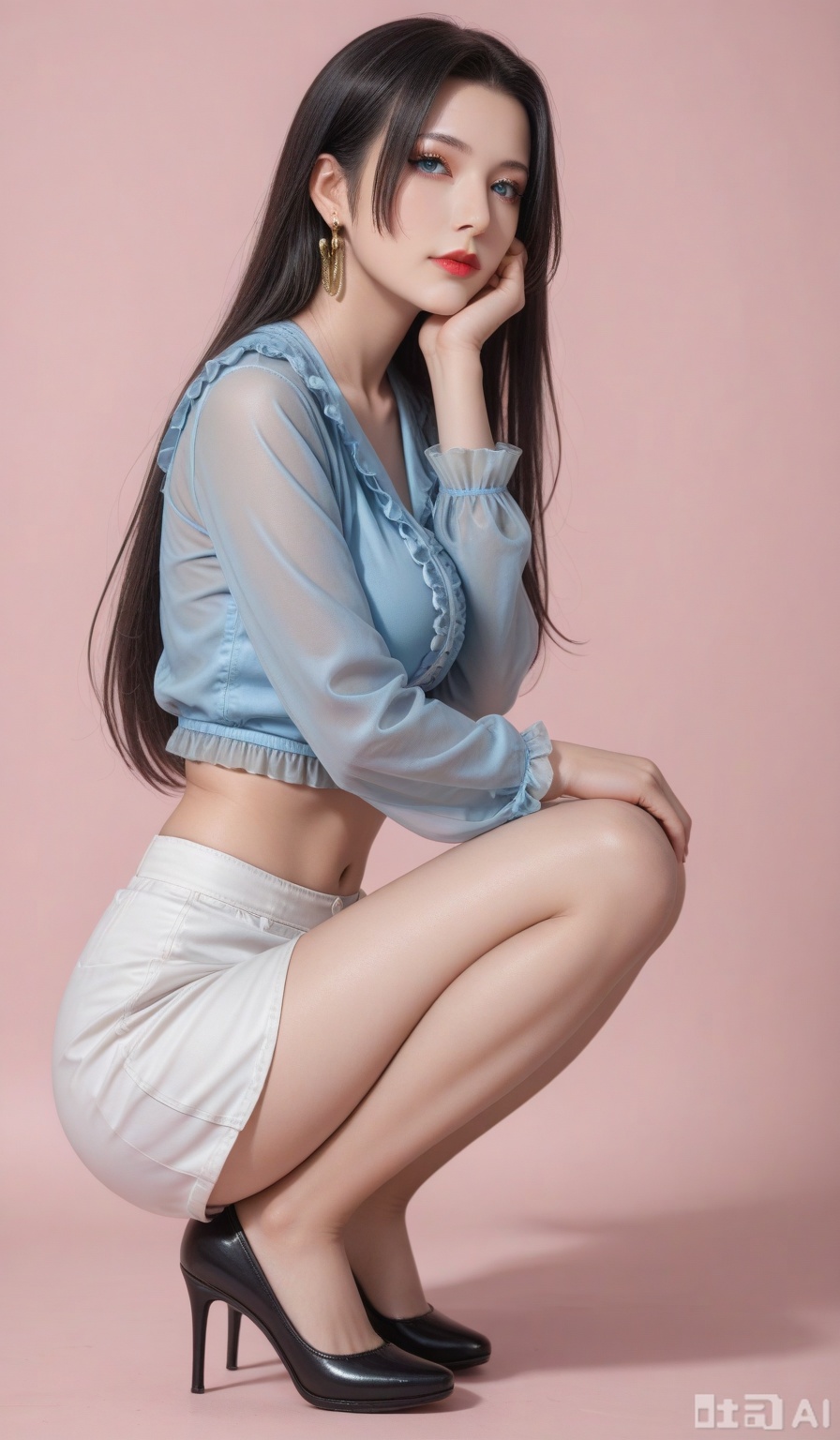 1girl, solo, long hair, breasts, looking at viewer, blue eyes, skirt, large breasts, simple background, shirt, black hair, long sleeves, navel, jewelry, closed mouth, full body, earrings, frills, shorts, midriff, hand up, black footwear, high heels, from side, lips, crop top, see-through, makeup, shadow, squatting, pink background, white skirt, blue shirt, lipstick, hand on own face, head rest, white shorts, realistic, nose, red lips, frilled shirt, boa hancock
