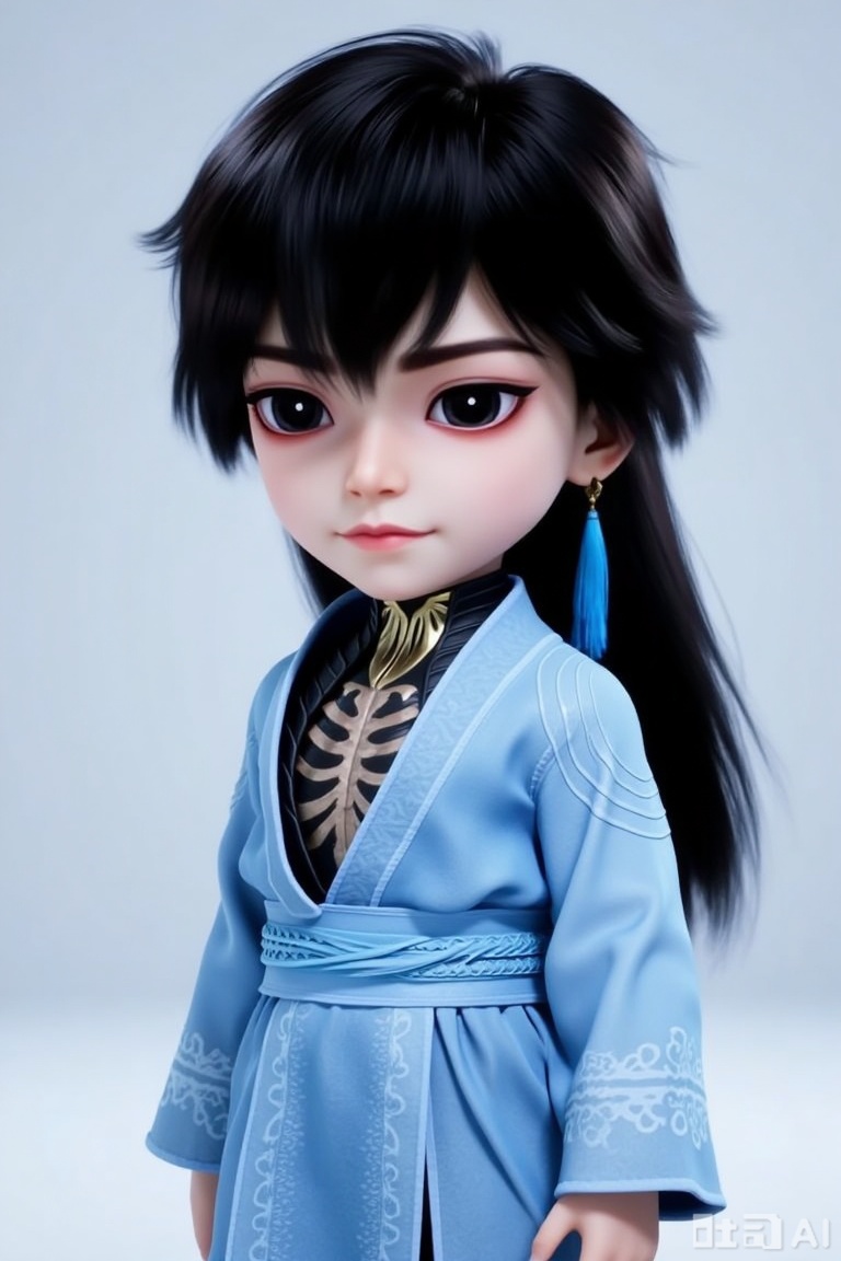 1boy, chibi, cute, little boy, xg,  3D, The character is dressed in a traditional outfit, consisting of a light blue robe with intricate patterns and a black inner garment featuring a skeletal design. The character has long black hair and striking eyes shadow.