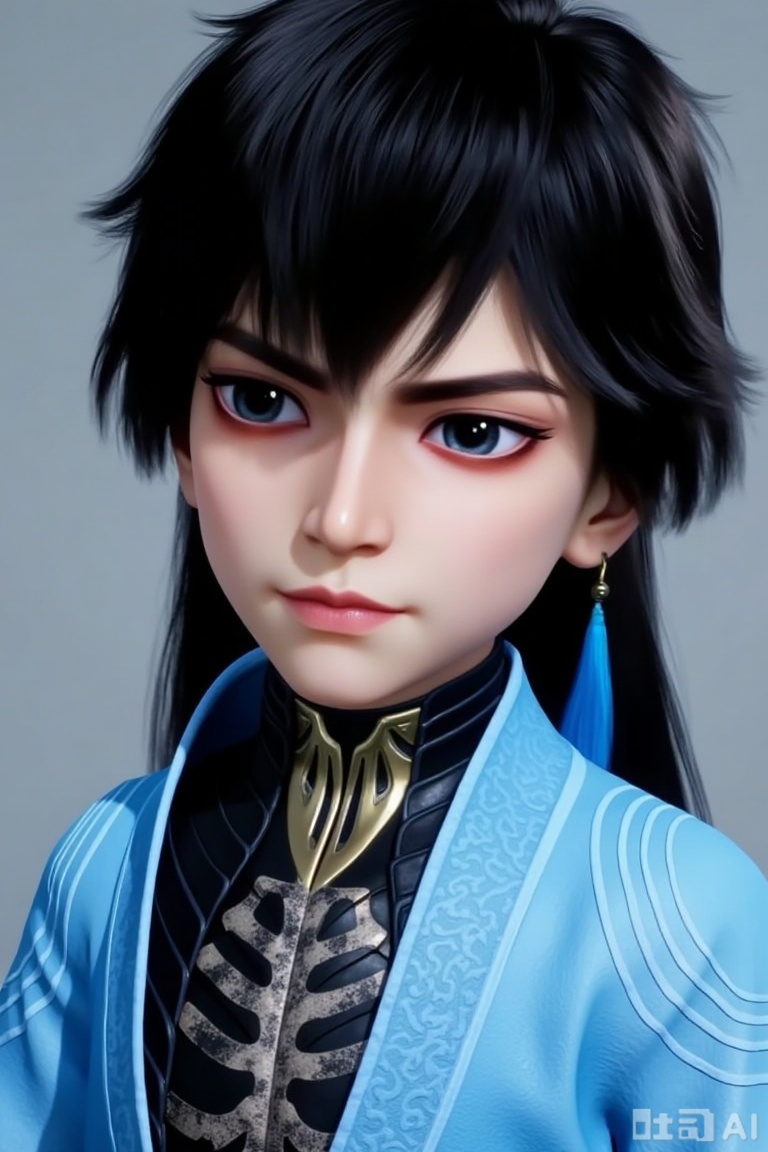 1boy, chibi, cute, little boy, xg,  3D, The character is dressed in a traditional outfit, consisting of a light blue robe with intricate patterns and a black inner garment featuring a skeletal design. The character has long black hair and striking eyes shadow.