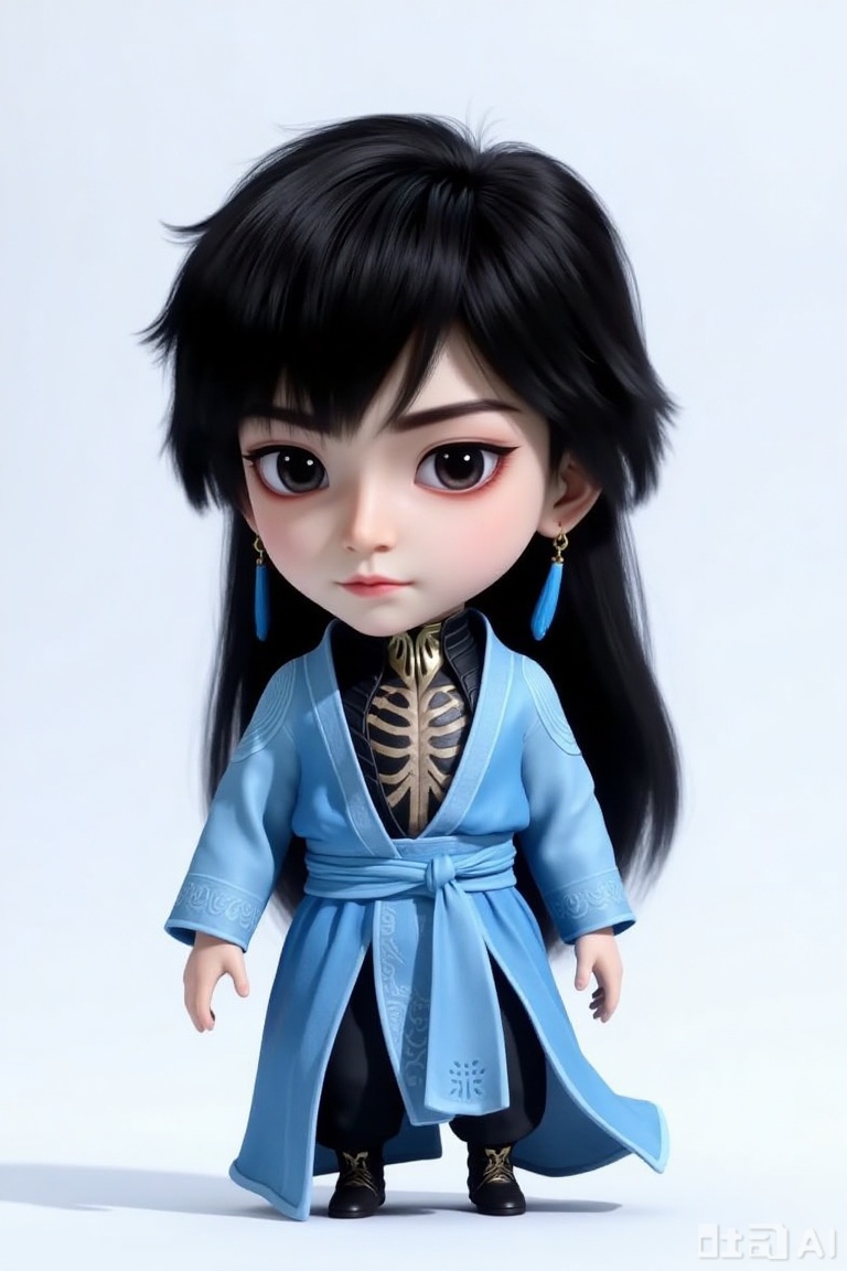 1boy, chibi, cute, little boy, xg,  3D, The character is dressed in a traditional outfit, consisting of a light blue robe with intricate patterns and a black inner garment featuring a skeletal design. The character has long black hair and striking eyes shadow.