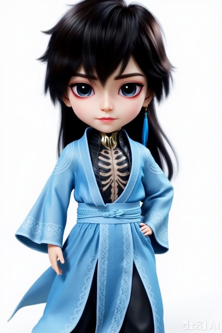 1boy, chibi, cute, little boy, xg,  3D, The character is dressed in a traditional outfit, consisting of a light blue robe with intricate patterns and a black inner garment featuring a skeletal design. The character has long black hair and striking eyes shadow.