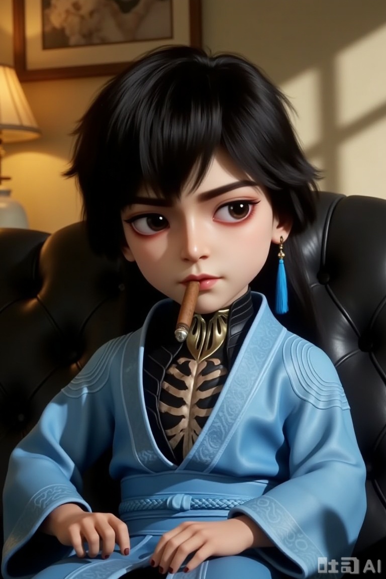 1boy, chibi, cute, little boy, xg,  3D, The character is dressed in a traditional outfit, consisting of a light blue robe with intricate patterns and a black inner garment featuring a skeletal design. The character has long black hair and striking eyes shadow.Sitting on a black sofa, smoking a cigar, with a study in the background and soft yellow lighting