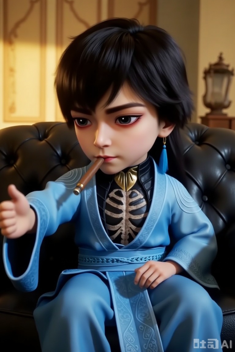 1boy, chibi, cute, little boy, xg,  3D, The character is dressed in a traditional outfit, consisting of a light blue robe with intricate patterns and a black inner garment featuring a skeletal design. The character has long black hair and striking eyes shadow.Sitting on a black sofa, smoking a cigar, with a study in the background and soft yellow lighting