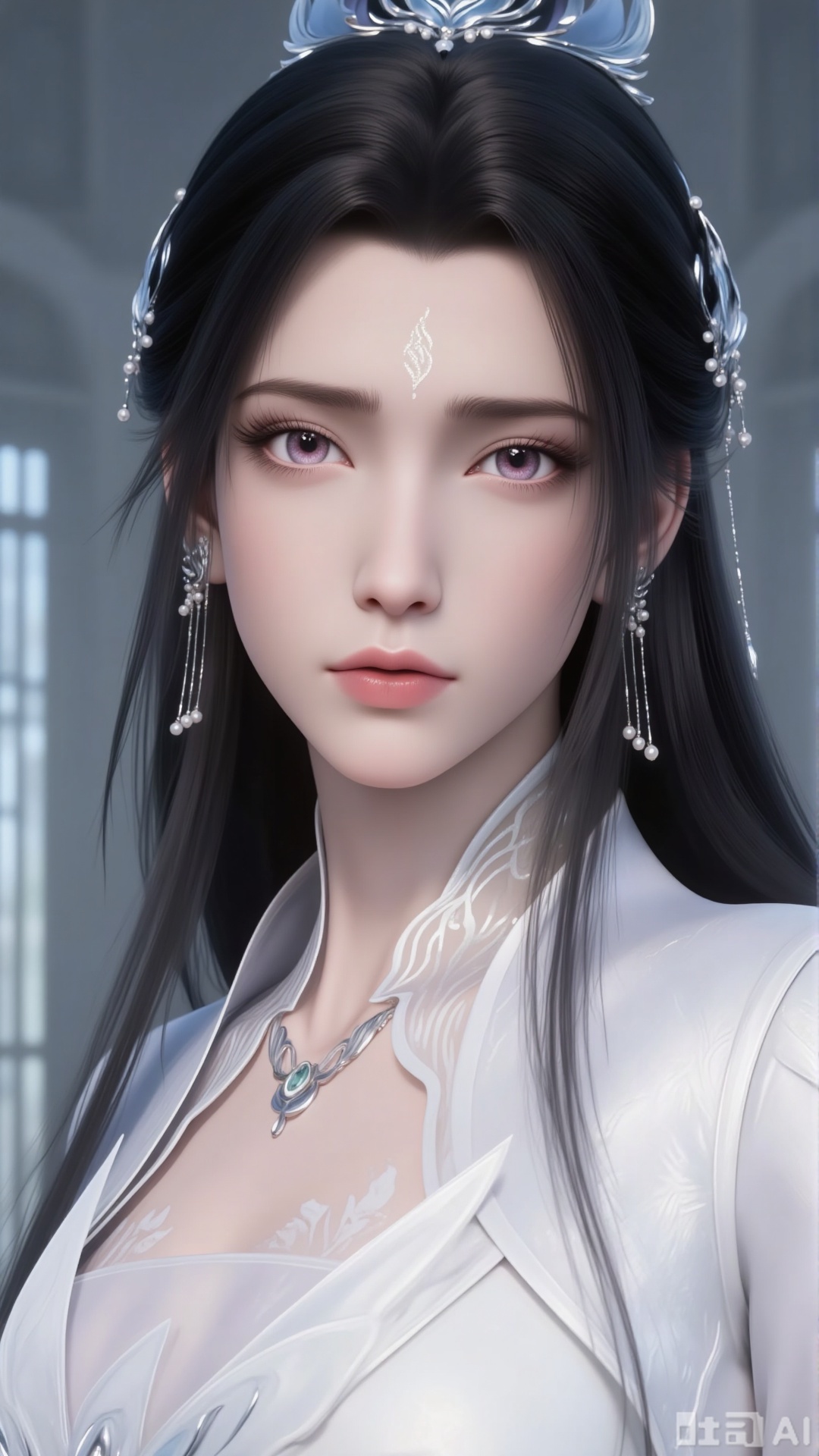 1 beautiful woman, upper body close-up. Long black hair. Hair accessories. forehead. earrings. necklace. White dress. Purple eyes. Beauty contact lenses. eyelash. Fair skin. Wide sleeves. Pure gray background. Light and shadow. Filled with natural light. indoor.