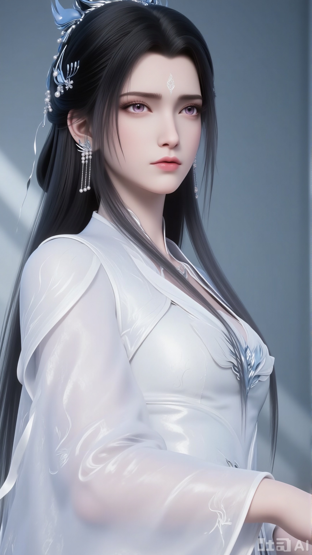 1 beautiful woman, upper body close-up. Long black hair. Hair accessories. forehead. earrings. necklace. belt. White dress. Purple eyes. Beauty contact lenses. eyelash. Fair skin. Wide sleeves. Pure gray background. Light and shadow. Filled with natural light. indoor.