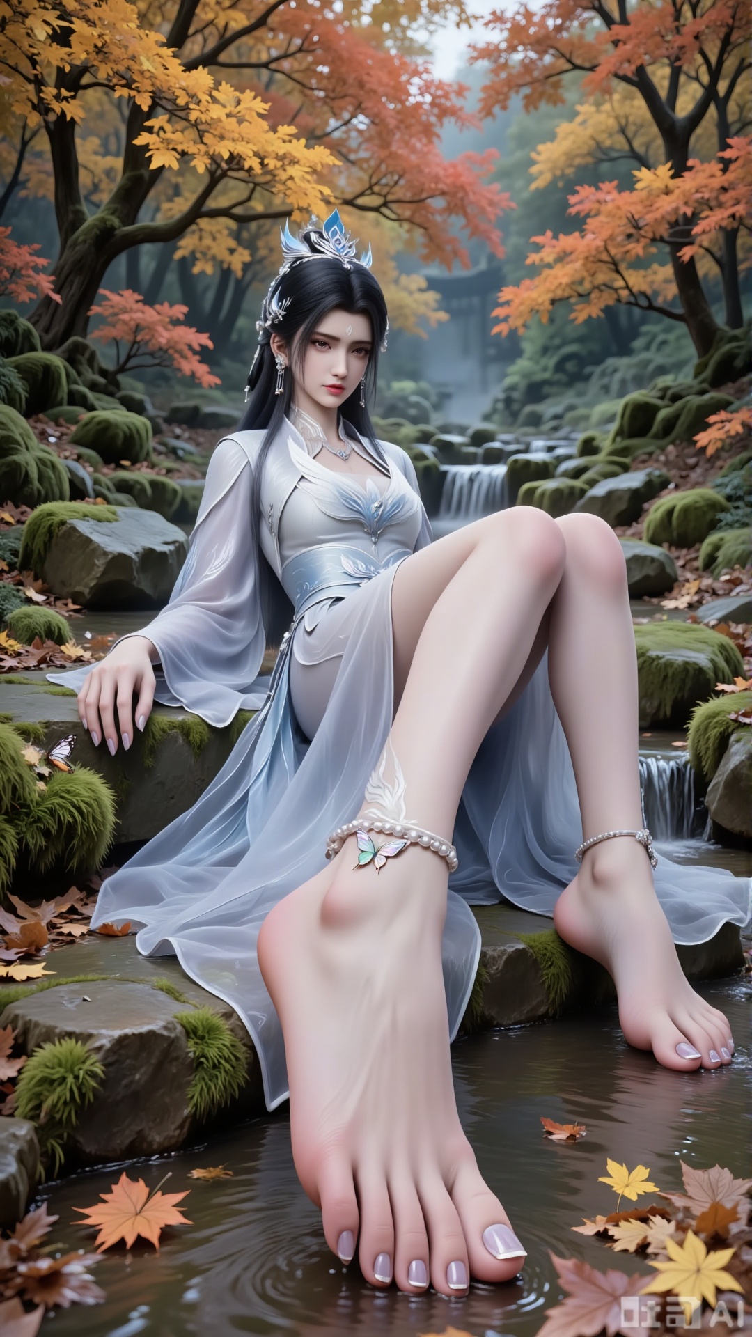 Create a beautiful scene where a woman sits on a stone, barefoot, with a close-up of her feet. Shot from a low angle. Overall: Create an aesthetically pleasing scene where the character blends with the natural environment, facing the viewer.
 
Composition
 
Frame the character and the surrounding autumn leaves completely to present an open visual effect. The character serves as the visual focal point in the frame, with the surrounding fallen leaves and maple trees enhancing the atmosphere.
 
Perspective & Action
 
- Perspective: Looking at the camera. Low-angle upward shot clearly shows the layout between the character and the fallen leaves on the ground, offering a unique visual experience.
- Action: "Sits sideways against the stone, toes gently touching the water flow below, one hand naturally resting on the stone steps, the other relaxing by the side." Highlight delicate hands and fingers.
 
Character Details
 
- Appearance: Slender Eastern ancient-style female character with a mark on the forehead. Long black hair. Exquisite eyes with colored contact lenses.
- Clothing:
- Type: Xianxia-style robe adapted from traditional Hanfu, main color white. Silk-textured fabric with subtle pearlescent effect, showing soft luster changes under different light.
- Structure: Upper garment features layered petal-cut decorations at the neckline and chest for a light, airy feel; wide sleeves with gradient light-blue feather embroidery and tiny light-blue gemstones along the cuffs; waist cinched by a belt with a silver inlay, dangling tassels of pearls and blue jade beads; loose floor-length skirt with natural drape folds.
 
Hairstyle & Accessories
 
- Hairstyle: Classical high bun with part of the hair falling naturally over shoulders. Jet-black, glossy hair strands with lifelike texture.
- Accessories: Silver hair ornaments including a crown, necklace, and earrings. Embroidery details on the clothing.
- Legs & Feet: Exposed slender legs. Barefoot with shiny transparent nail polish, manicured nails, visible toes, and a butterfly-pendant ankle bracelet.
 
Background
 
Autumn backdrop with ground covered in colorful fallen leaves (orange, yellow, red), mossy stones, weeds, wildflowers, a clear stream, floating leaves, and fluttering butterflies. Maple branches in the foreground create a rich, tranquil autumn atmosphere.