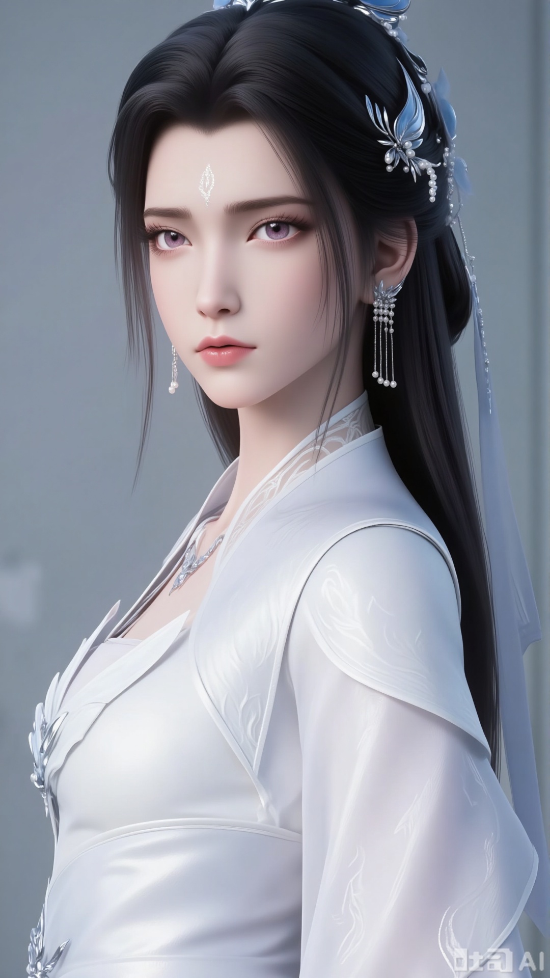1 beautiful woman, upper body close-up. Long black hair. Hair accessories. forehead. earrings. necklace. belt. White dress. Purple eyes. Beauty contact lenses. eyelash. Fair skin. Wide sleeves. Pure gray background. Light and shadow. Filled with natural light. indoor.