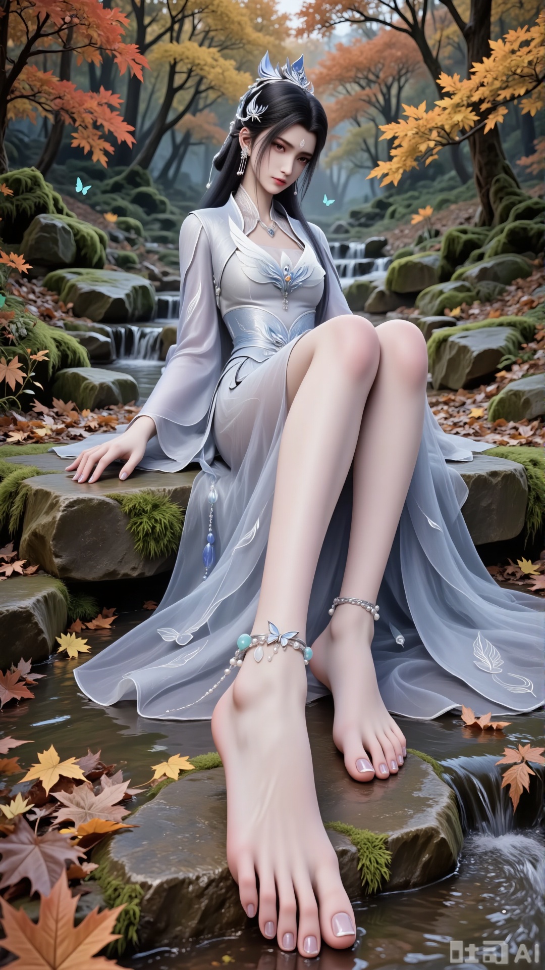Create a beautiful scene where a woman sits on a stone, barefoot, with a close-up of her feet. Shot from a low angle. Overall: Create an aesthetically pleasing scene where the character blends with the natural environment, facing the viewer.
 
Composition
 
Frame the character and the surrounding autumn leaves completely to present an open visual effect. The character serves as the visual focal point in the frame, with the surrounding fallen leaves and maple trees enhancing the atmosphere.
 
Perspective & Action
 
- Perspective: Looking at the camera. Low-angle upward shot clearly shows the layout between the character and the fallen leaves on the ground, offering a unique visual experience.
- Action: "Sits sideways against the stone, toes gently touching the water flow below, one hand naturally resting on the stone steps, the other relaxing by the side." Highlight delicate hands and fingers.
 
Character Details
 
- Appearance: Slender Eastern ancient-style female character with a mark on the forehead. Long black hair. Exquisite eyes with colored contact lenses.
- Clothing:
- Type: Xianxia-style robe adapted from traditional Hanfu, main color white. Silk-textured fabric with subtle pearlescent effect, showing soft luster changes under different light.
- Structure: Upper garment features layered petal-cut decorations at the neckline and chest for a light, airy feel; wide sleeves with gradient light-blue feather embroidery and tiny light-blue gemstones along the cuffs; waist cinched by a belt with a silver inlay, dangling tassels of pearls and blue jade beads; loose floor-length skirt with natural drape folds.
 
Hairstyle & Accessories
 
- Hairstyle: Classical high bun with part of the hair falling naturally over shoulders. Jet-black, glossy hair strands with lifelike texture.
- Accessories: Silver hair ornaments including a crown, necklace, and earrings. Embroidery details on the clothing.
- Legs & Feet: Exposed slender legs. Barefoot with shiny transparent nail polish, manicured nails, visible toes, and a butterfly-pendant ankle bracelet.
 
Background
 
Autumn backdrop with ground covered in colorful fallen leaves (orange, yellow, red), mossy stones, weeds, wildflowers, a clear stream, floating leaves, and fluttering butterflies. Maple branches in the foreground create a rich, tranquil autumn atmosphere.