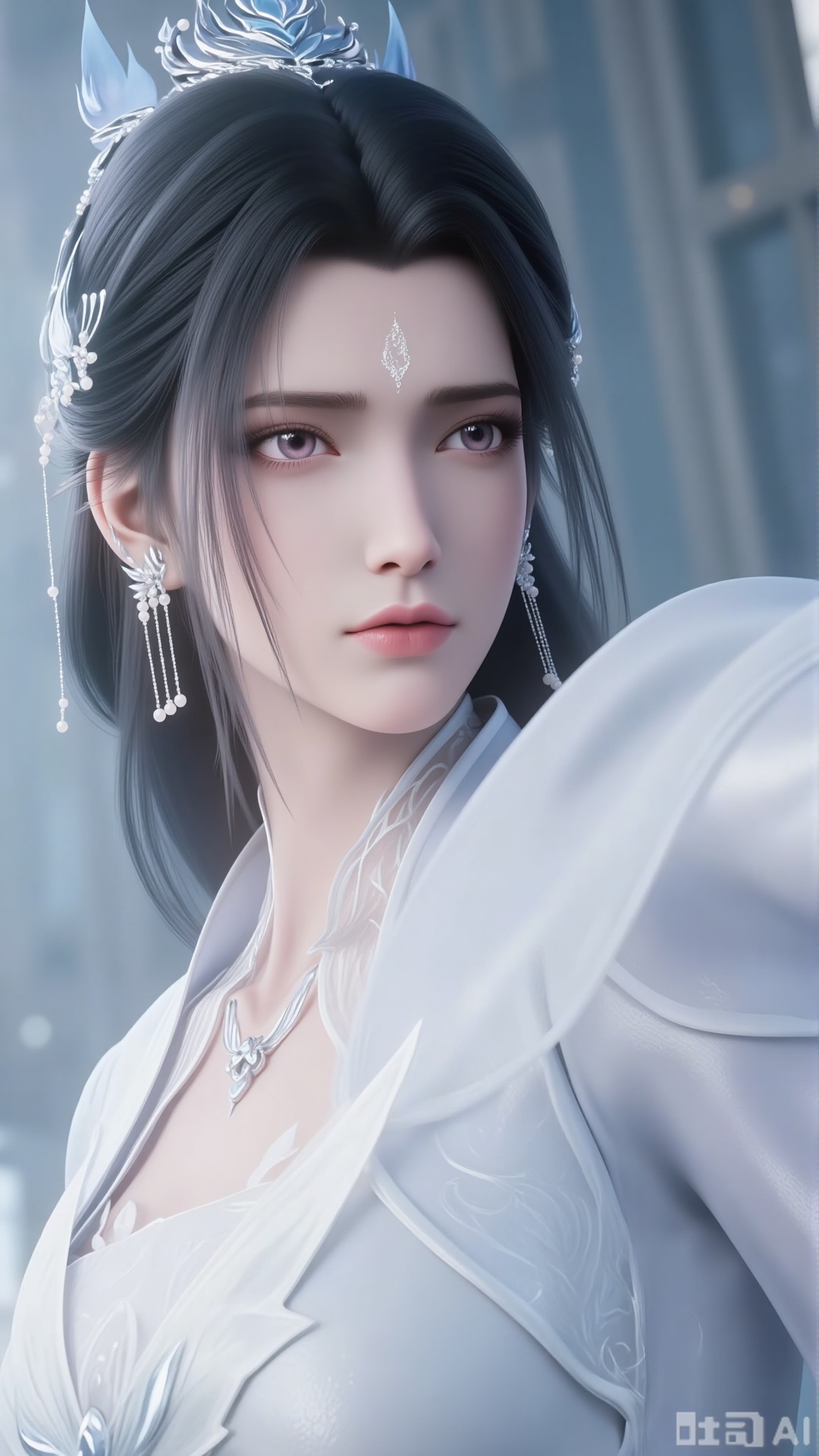 1 beautiful woman, upper body close-up. Long black hair. Hair accessories. forehead. earrings. necklace. White dress. Purple eyes. Beauty contact lenses. eyelash. Fair skin. Wide sleeves. Pure gray background. Light and shadow. Filled with natural light. indoor.