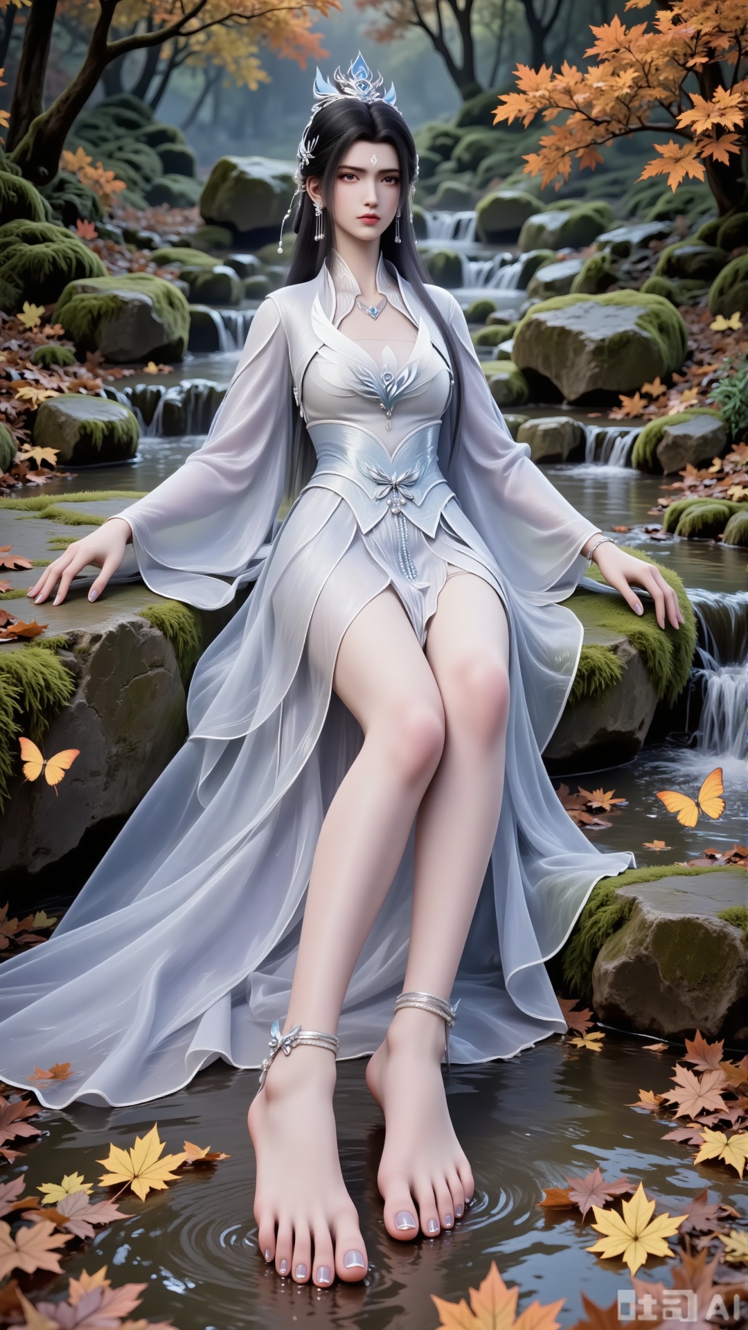 Create a beautiful scene where a woman sits on a stone, barefoot, with a close-up of her feet. Shot from a low angle. Overall: Create an aesthetically pleasing scene where the character blends with the natural environment, facing the viewer.
 
Composition
 
Frame the character and the surrounding autumn leaves completely to present an open visual effect. The character serves as the visual focal point in the frame, with the surrounding fallen leaves and maple trees enhancing the atmosphere.
 
Perspective & Action
 
- Perspective: Looking at the camera. Low-angle upward shot clearly shows the layout between the character and the fallen leaves on the ground, offering a unique visual experience.
- Action: "Sits sideways against the stone, toes gently touching the water flow below, one hand naturally resting on the stone steps, the other relaxing by the side." Highlight delicate hands and fingers.
 
Character Details
 
- Appearance: Slender Eastern ancient-style female character with a mark on the forehead. Long black hair. Exquisite eyes with colored contact lenses.
- Clothing:
- Type: Xianxia-style robe adapted from traditional Hanfu, main color white. Silk-textured fabric with subtle pearlescent effect, showing soft luster changes under different light.
- Structure: Upper garment features layered petal-cut decorations at the neckline and chest for a light, airy feel; wide sleeves with gradient light-blue feather embroidery and tiny light-blue gemstones along the cuffs; waist cinched by a belt with a silver inlay, dangling tassels of pearls and blue jade beads; loose floor-length skirt with natural drape folds.
 
Hairstyle & Accessories
 
- Hairstyle: Classical high bun with part of the hair falling naturally over shoulders. Jet-black, glossy hair strands with lifelike texture.
- Accessories: Silver hair ornaments including a crown, necklace, and earrings. Embroidery details on the clothing.
- Legs & Feet: Exposed slender legs. Barefoot with shiny transparent nail polish, manicured nails, visible toes, and a butterfly-pendant ankle bracelet.
 
Background
 
Autumn backdrop with ground covered in colorful fallen leaves (orange, yellow, red), mossy stones, weeds, wildflowers, a clear stream, floating leaves, and fluttering butterflies. Maple branches in the foreground create a rich, tranquil autumn atmosphere.