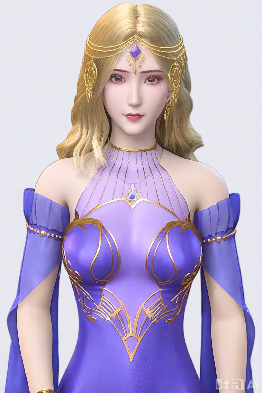 KaDan,1girl, solo, long hair, breasts, looking at viewer, blonde hair, simple background, white background,KaDan dress, bare shoulders, jewelry, medium breasts, detached sleeves, makeup, ,circlet,
