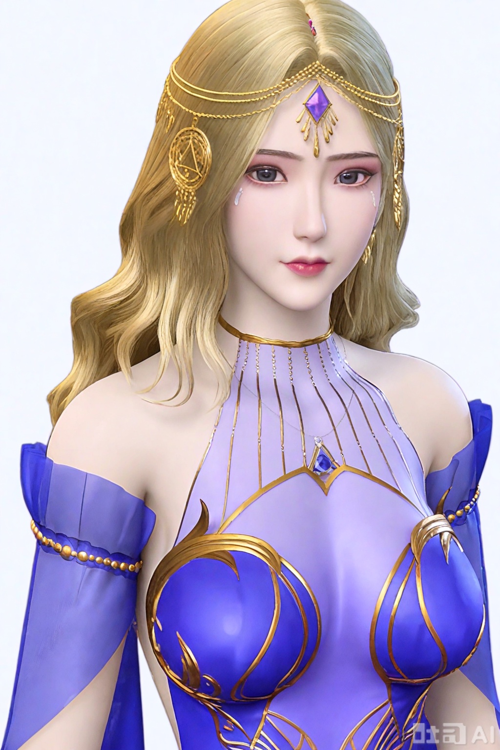 KaDan,1girl, solo, long hair, breasts, looking at viewer, blonde hair, simple background, white background,KaDan dress, bare shoulders, jewelry, medium breasts, detached sleeves, makeup, ,circlet,