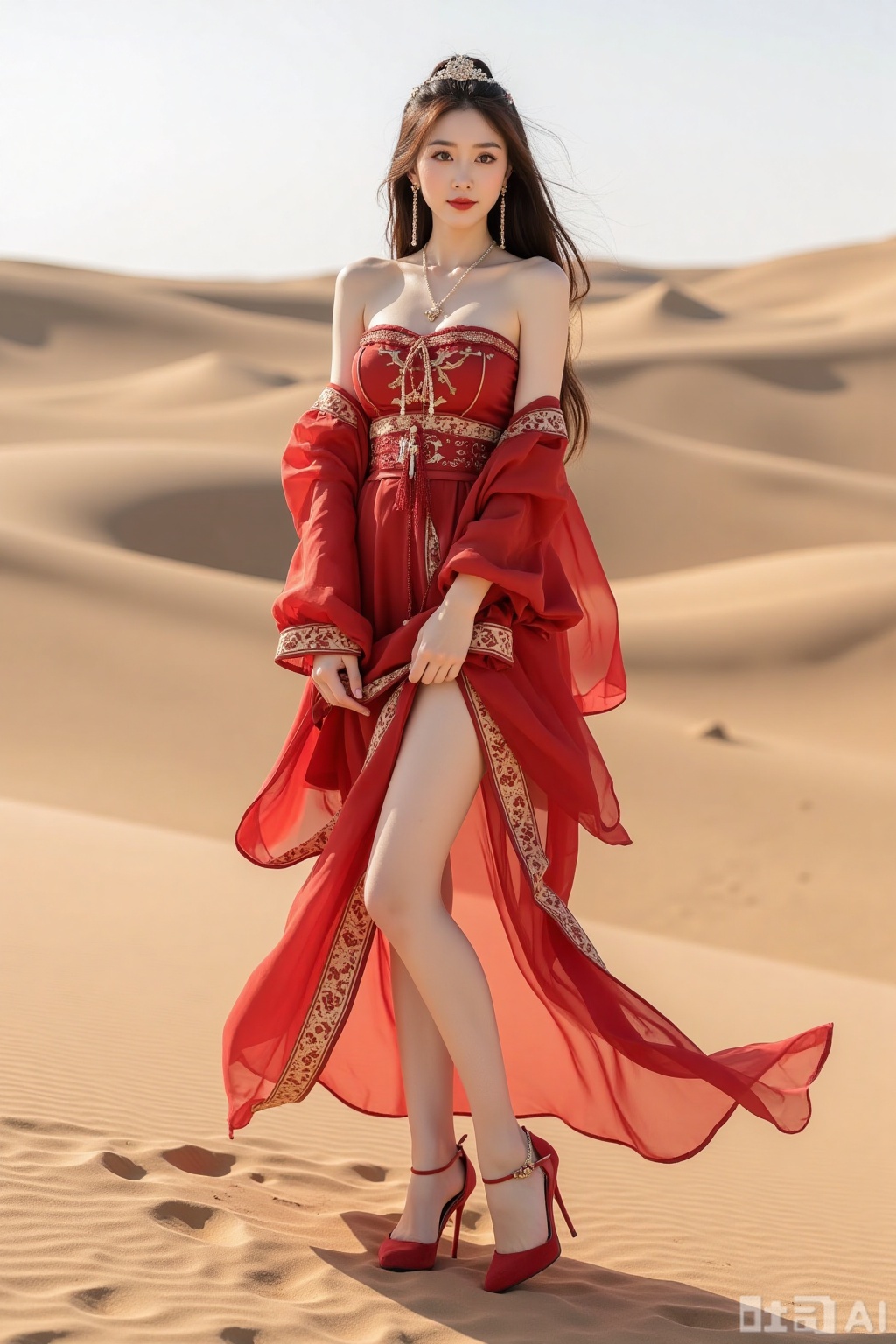 Realistic photo of a young woman with long hair, fair skin, big breasts, off-shoulder pattern red silk Hanfu, long legs, red high heels, full body, desert, camel,