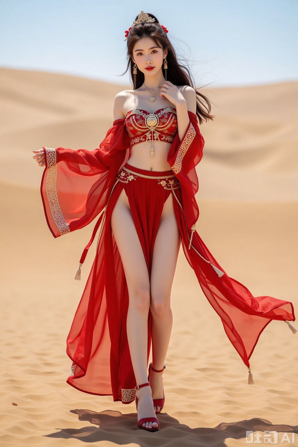 Realistic photo of a young woman with long hair, fair skin, big breasts, off-shoulder pattern red silk Hanfu, long legs, red high heels, full body, desert, camel,