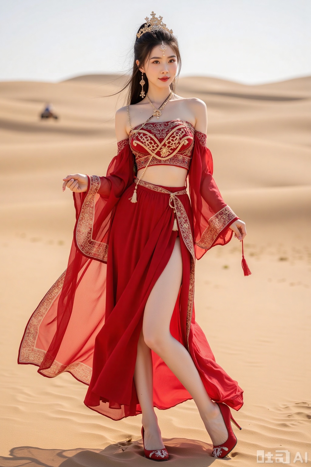 Realistic photo of a young woman with long hair, fair skin, big breasts, off-shoulder pattern red silk Hanfu, long legs, red high heels, full body, desert, camel,
