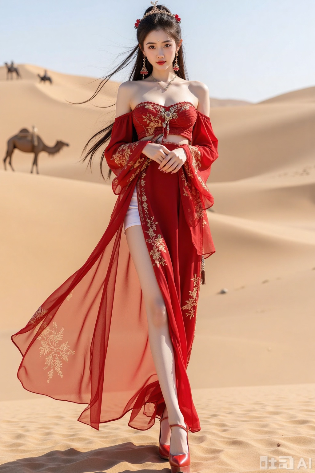 Realistic photo of a young woman with long hair, fair skin, big breasts, off-shoulder pattern red silk Hanfu, long legs, red high heels, full body, desert, camel,