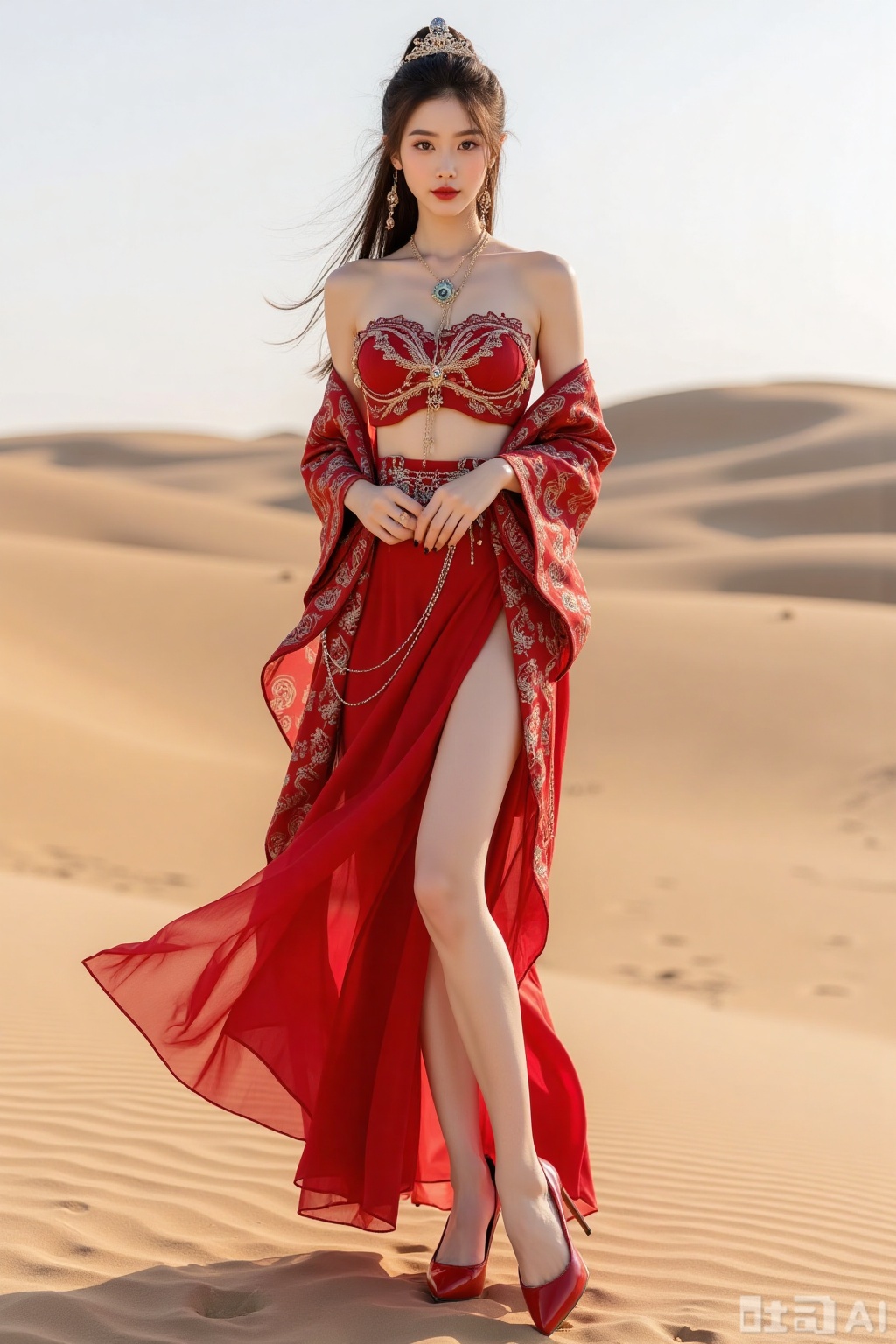 Realistic photo of a young woman with long hair, fair skin, big breasts, off-shoulder pattern red silk Hanfu, long legs, red high heels, full body, desert, camel,