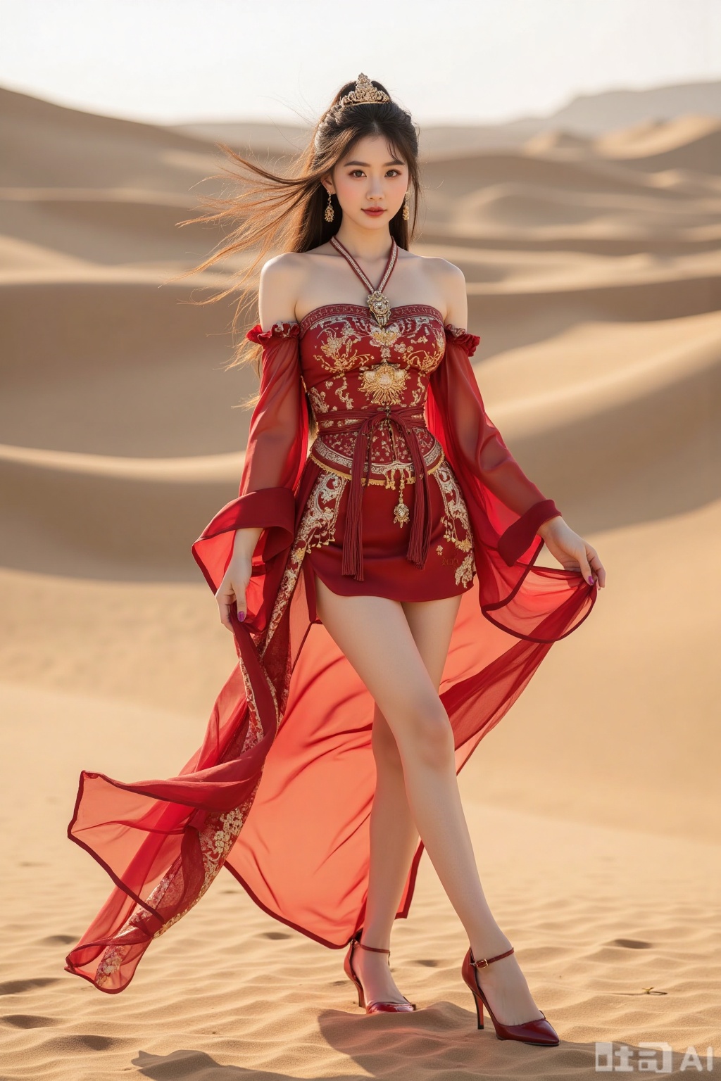 Realistic photo of a young woman with long hair, fair skin, big breasts, off-shoulder pattern red silk Hanfu, long legs, red high heels, full body, desert, camel,