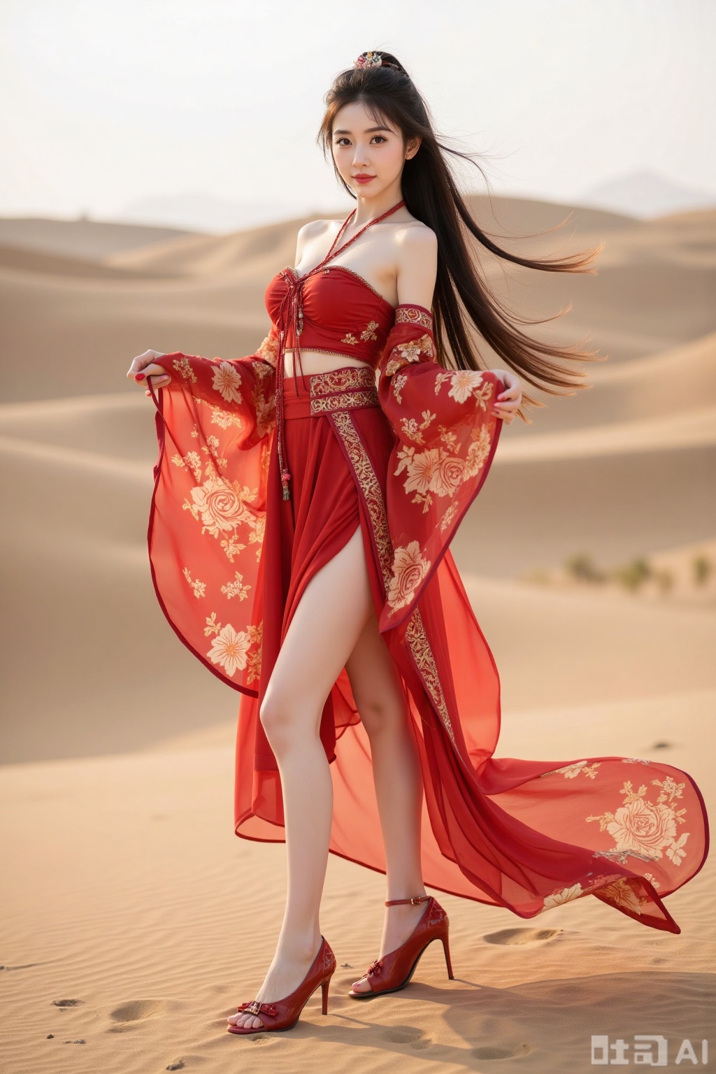 Realistic photo of a young woman with long hair, fair skin, big breasts, off-shoulder pattern red silk Hanfu, long legs, red high heels, full body, desert, camel,