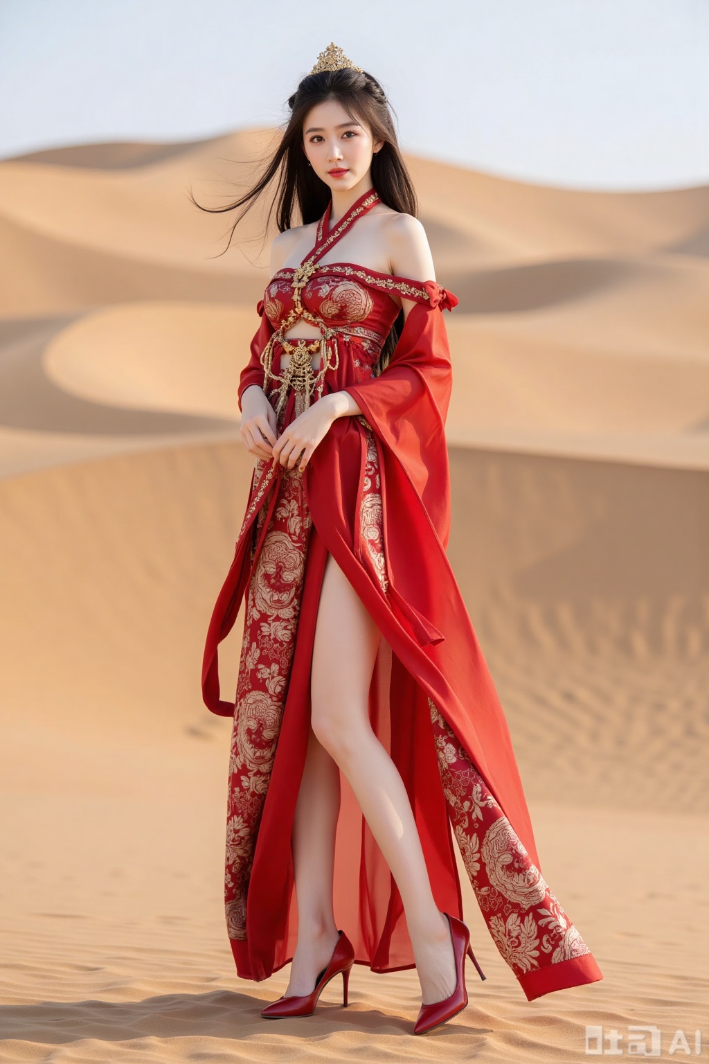 Realistic photo of a young woman with long hair, fair skin, big breasts, off-shoulder pattern red silk Hanfu, long legs, red high heels, full body, desert, camel,