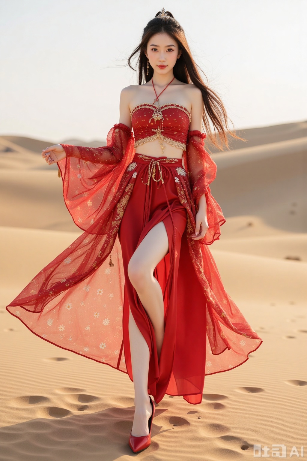 Realistic photo of a young woman with long hair, fair skin, big breasts, off-shoulder pattern red silk Hanfu, long legs, red high heels, full body, desert, camel,