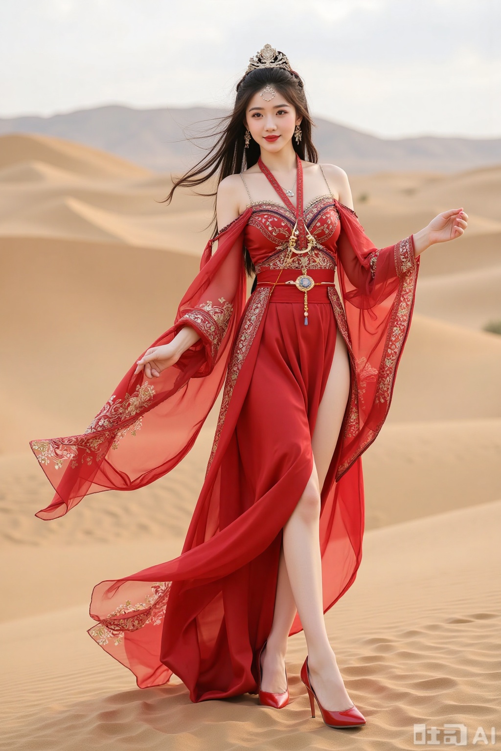 Realistic photo of a young woman with long hair, fair skin, big breasts, off-shoulder pattern red silk Hanfu, long legs, red high heels, full body, desert, camel,