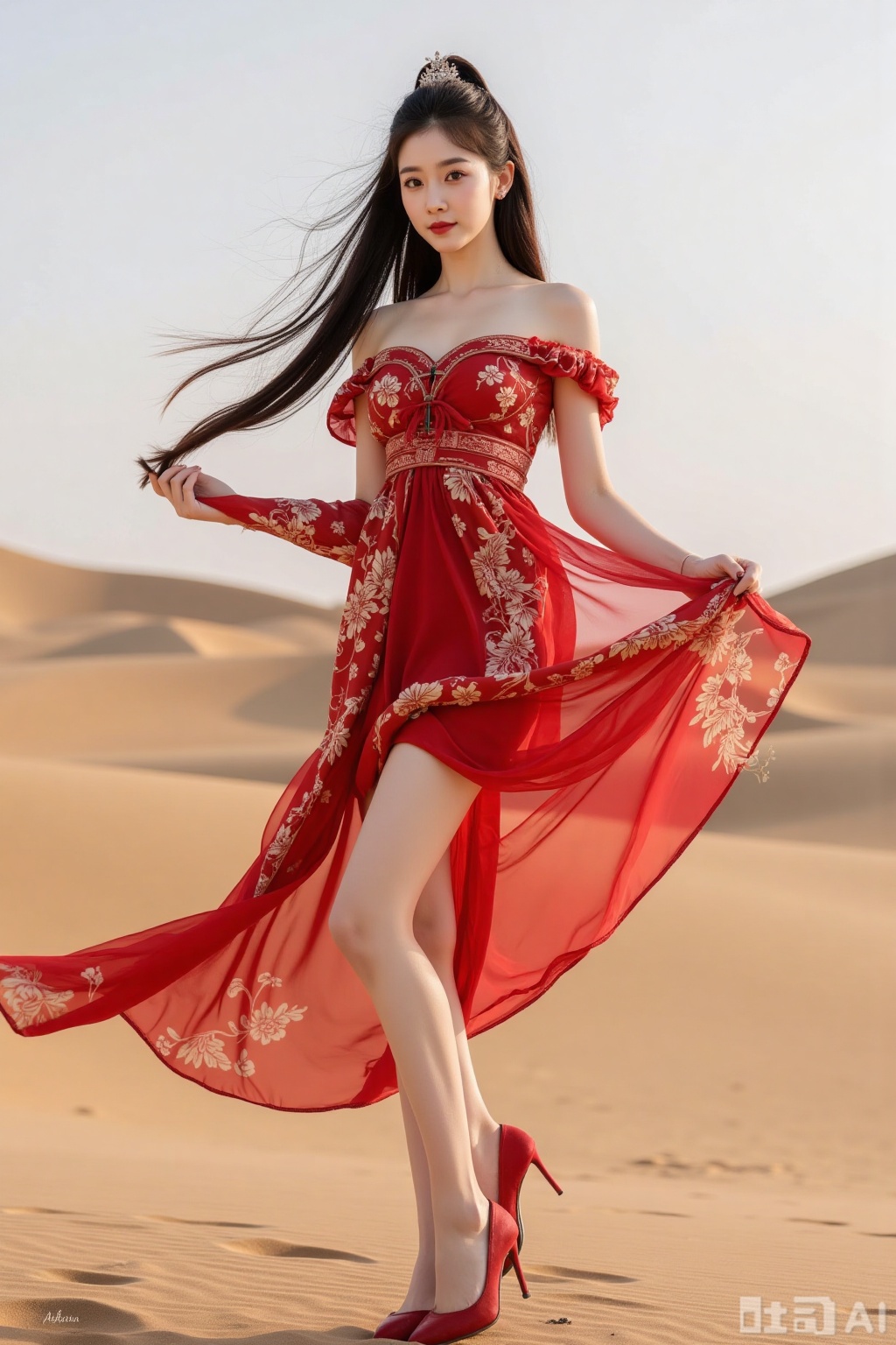 Realistic photo of a young woman with long hair, fair skin, big breasts, off-shoulder pattern red silk Hanfu, long legs, red high heels, full body, desert, camel,