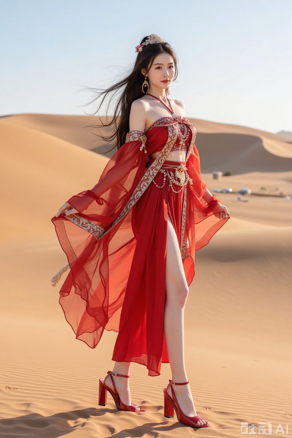 Realistic photo of a young woman with long hair, fair skin, big breasts, off-shoulder pattern red silk Hanfu, long legs, red high heels, full body, desert, camel,