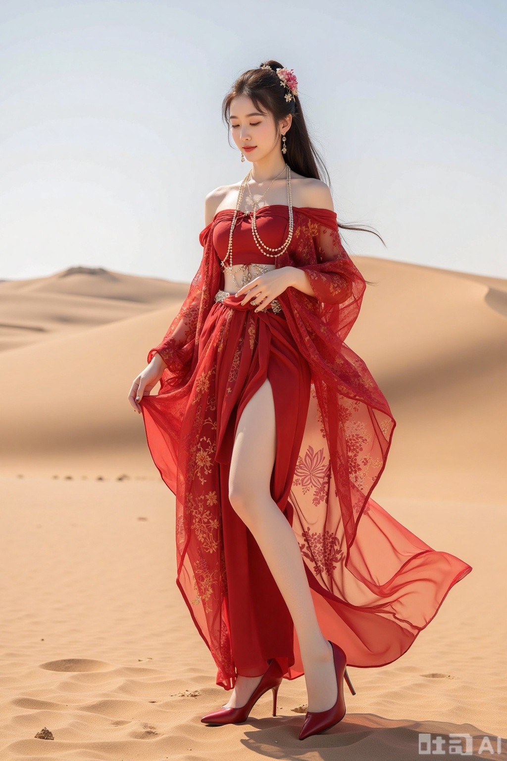 Realistic photo of a young woman with long hair, fair skin, big breasts, off-shoulder pattern red silk Hanfu, long legs, red high heels, full body, desert, camel,