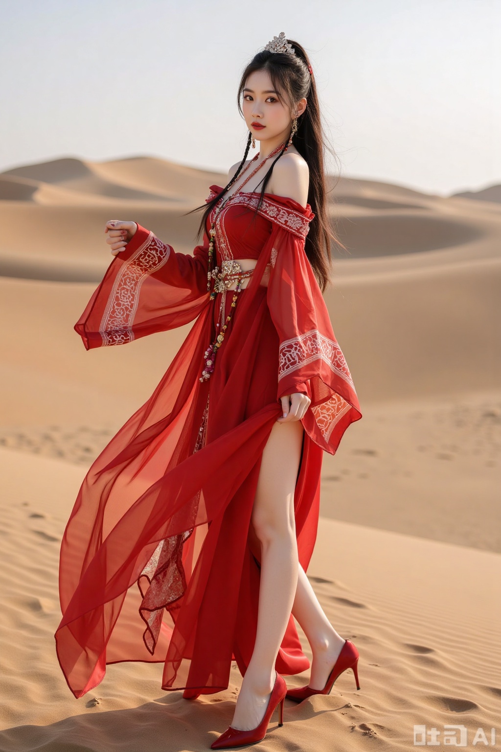 Realistic photo of a young woman with long hair, fair skin, big breasts, off-shoulder pattern red silk Hanfu, long legs, red high heels, full body, desert, camel,