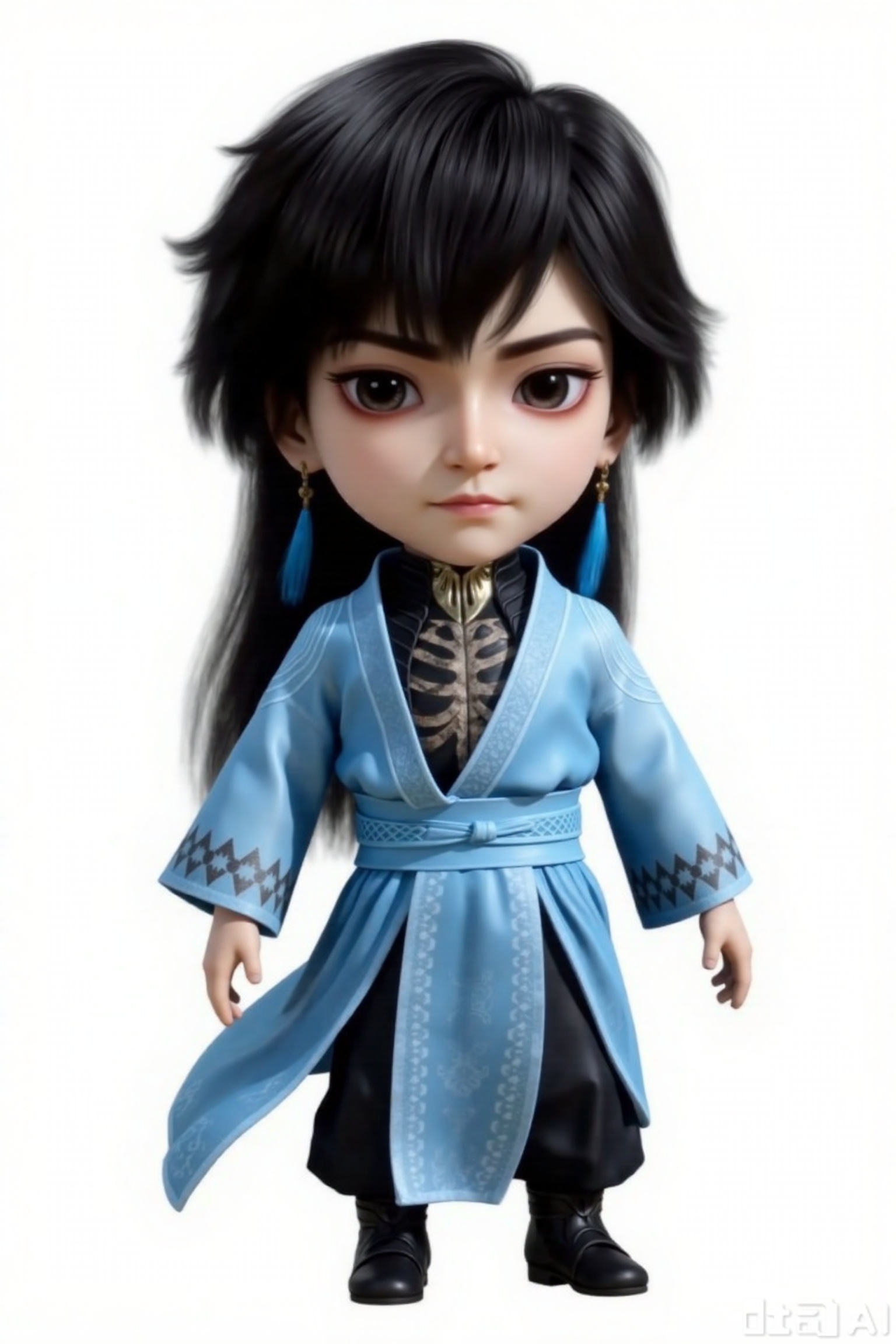 1boy, chibi, cute, little boy, xg, 3D, The character is dressed in a traditional outfit, consisting of a light blue robe with intricate patterns and a black inner garment featuring a skeletal design. The character has long black hair and striking eyes shadow.