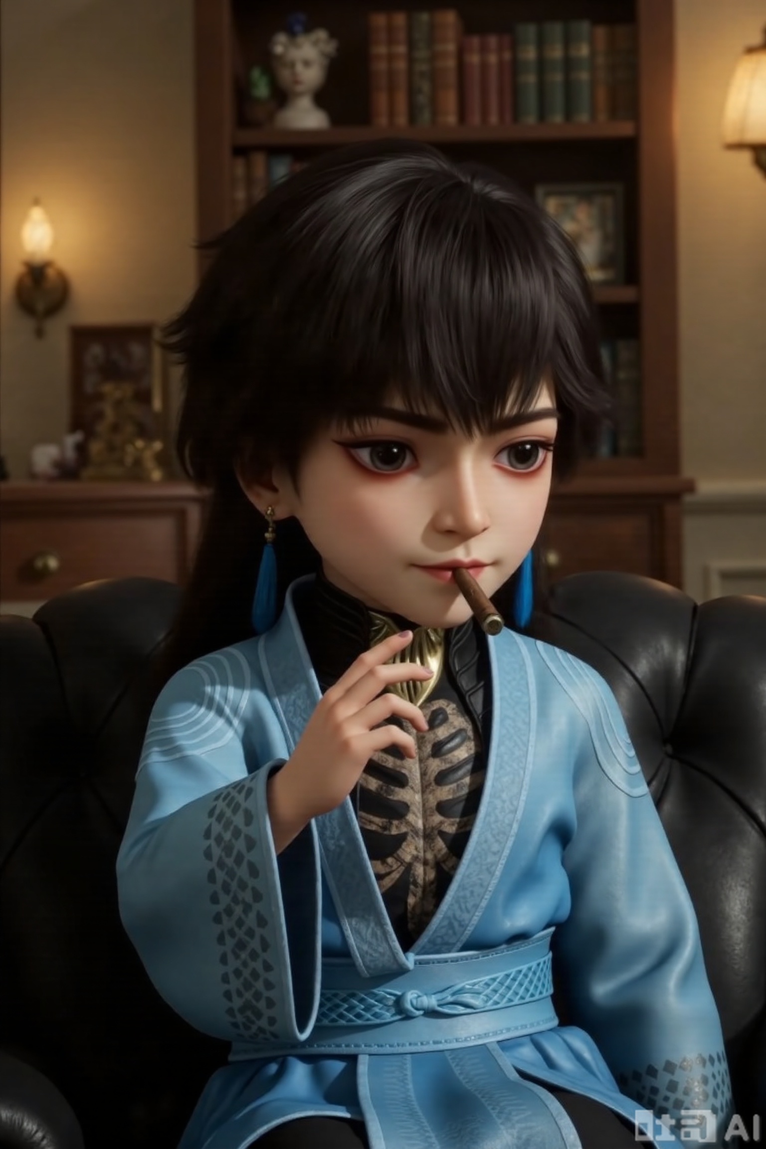 1boy, chibi, cute, little boy, xg,  3D, The character is dressed in a traditional outfit, consisting of a light blue robe with intricate patterns and a black inner garment featuring a skeletal design. The character has long black hair and striking eyes shadow.Sitting on a black sofa, smoking a cigar, with a study in the background and soft yellow lighting